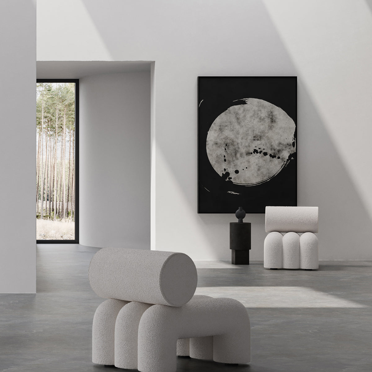 101 Copenhagen Foku Chair in White Boucle pillar, and Sphere vase