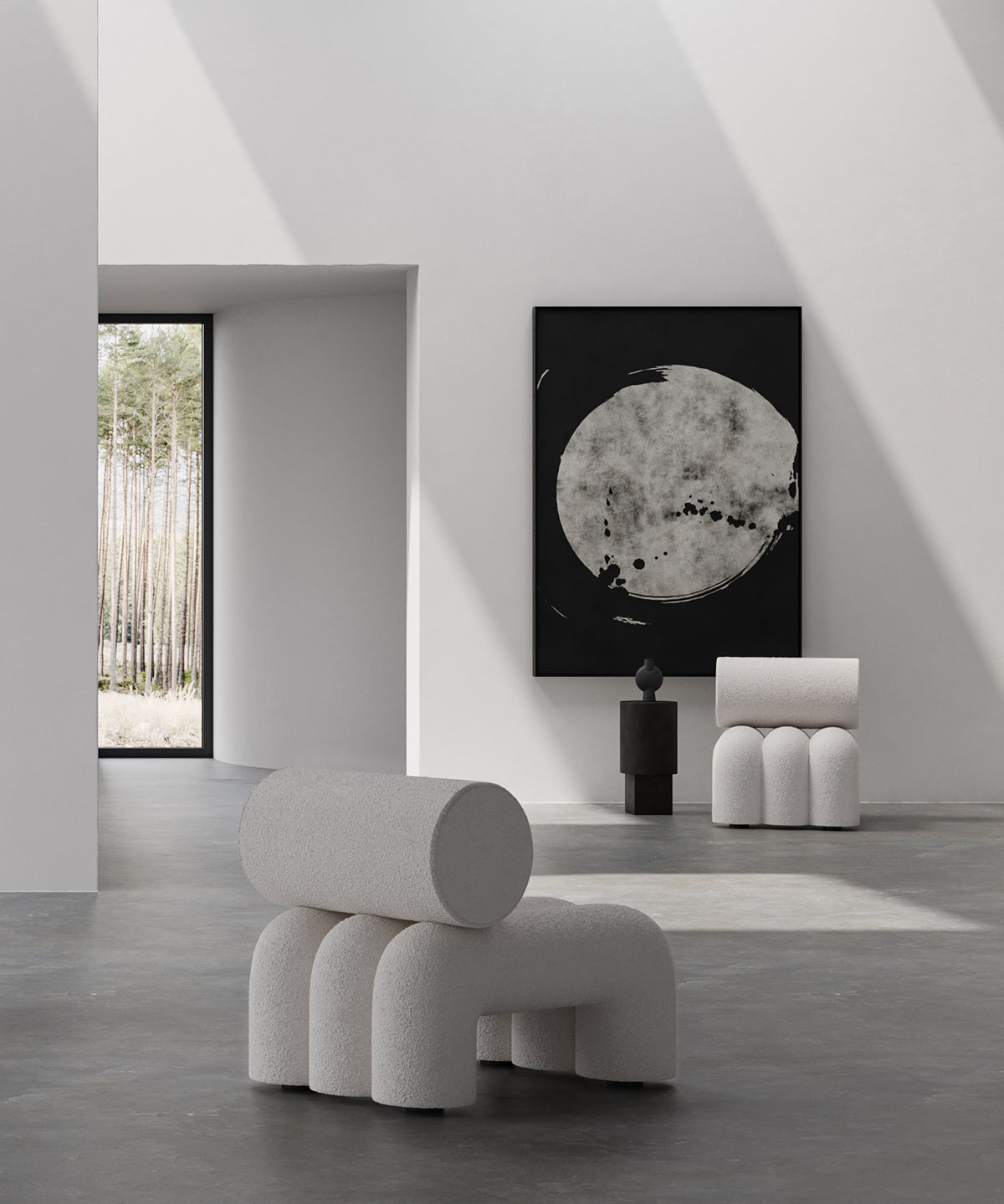 101 Copenhagen Foku Chair in White Boucle pillar, and Sphere vase
