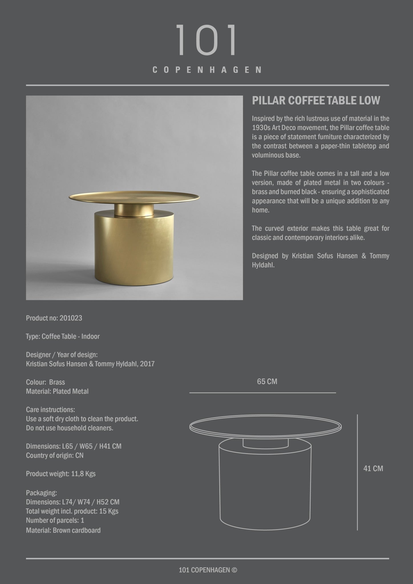 101 Copenhagen - Pillar Table, Low - Brass - Coffee or Side Table