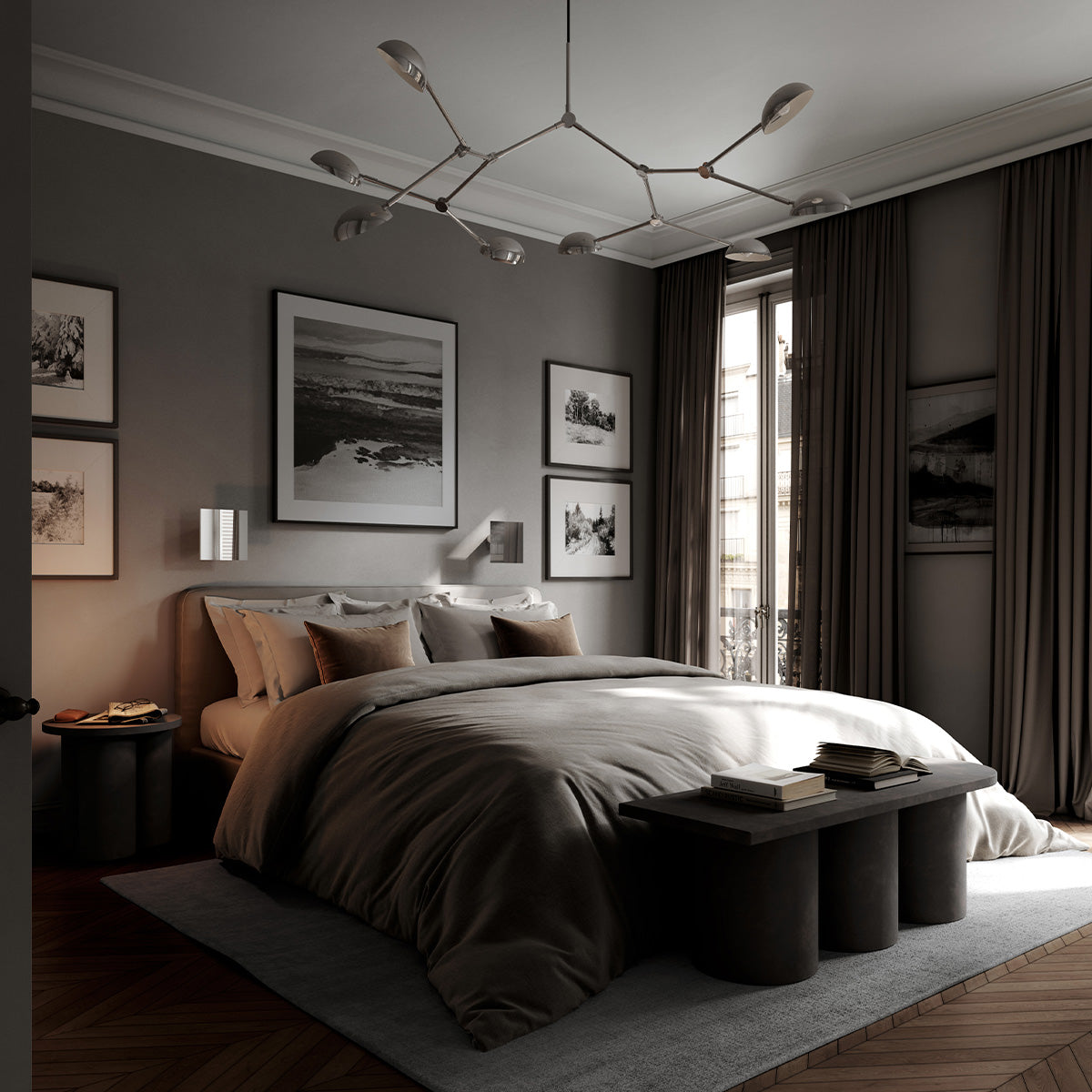 101 Copenhagen big foot bench, Chameleon wall lamps, and drop chandelier