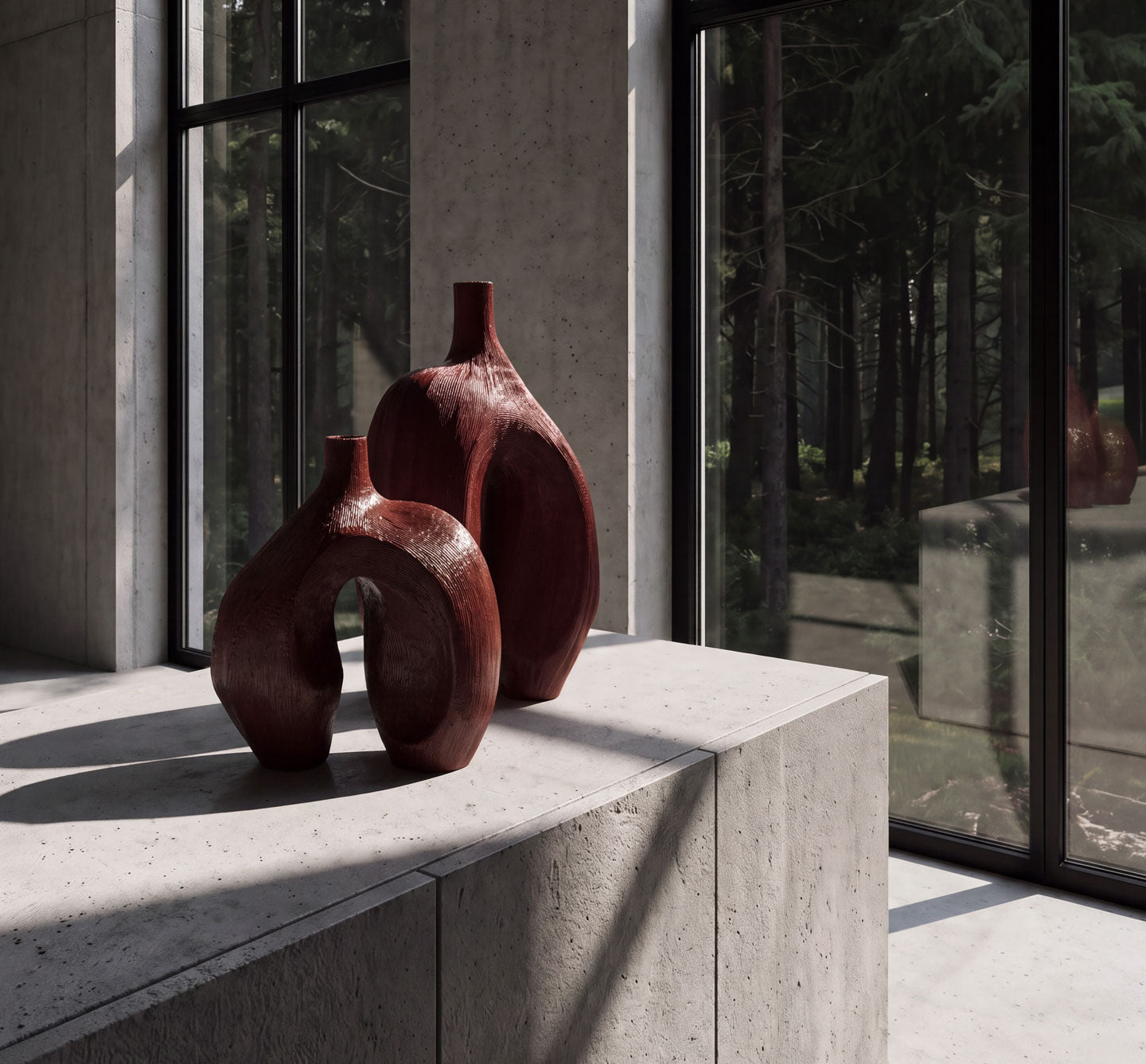 To Ni Vases in Carved Ruby 