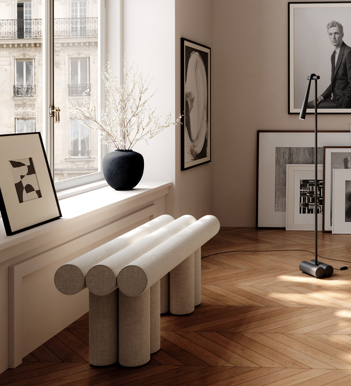 Hiro bench linen, Sunao vase and Snake Floor lamp