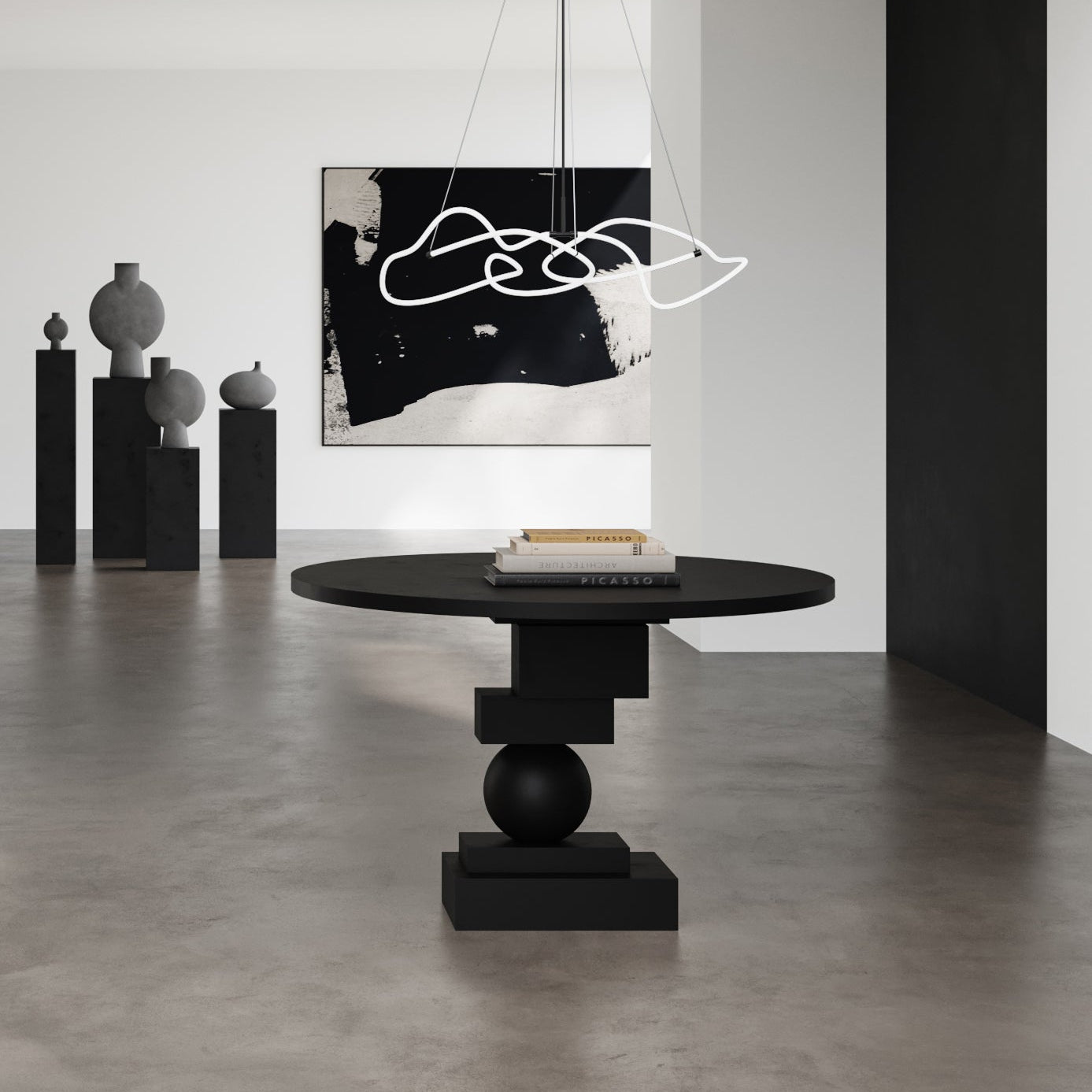 101 Copenhagen Artist DIning Table with Ghost Chandelier in Neon