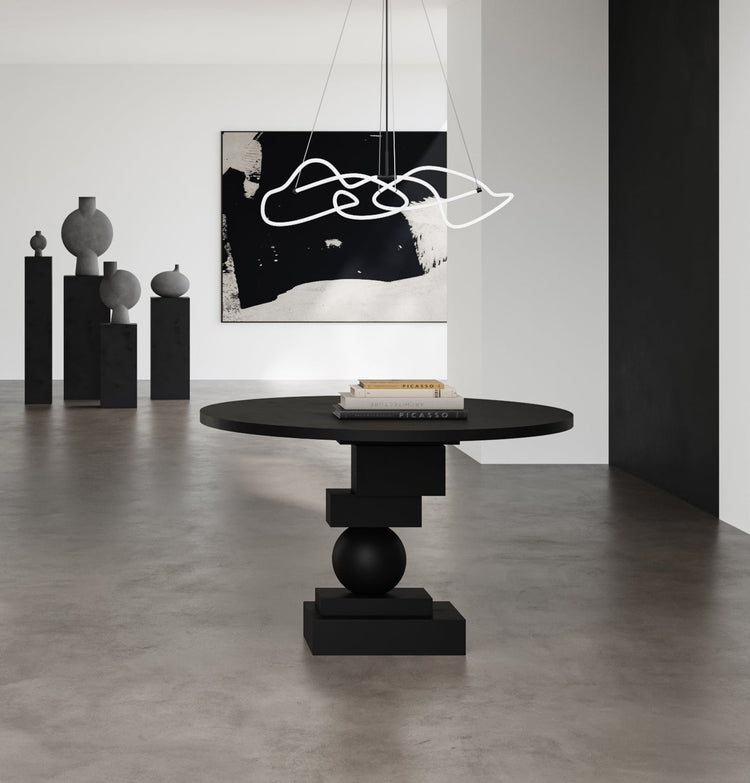 101 Copenhagen Artist DIning Table with Ghost Chandelier in Neon