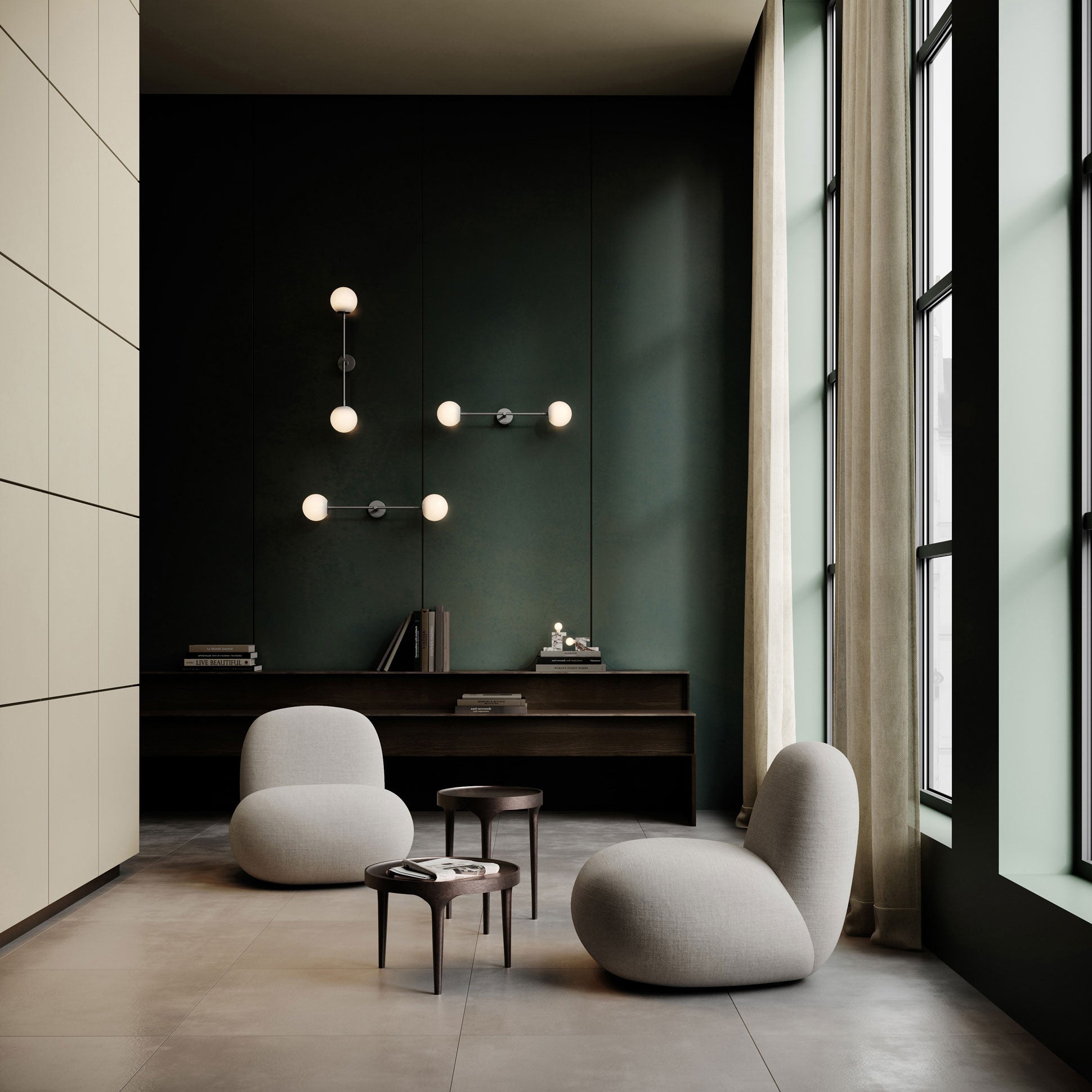 101 Copenhagen Drop wall lamp, Flat Toe chairs and Phantom Tables