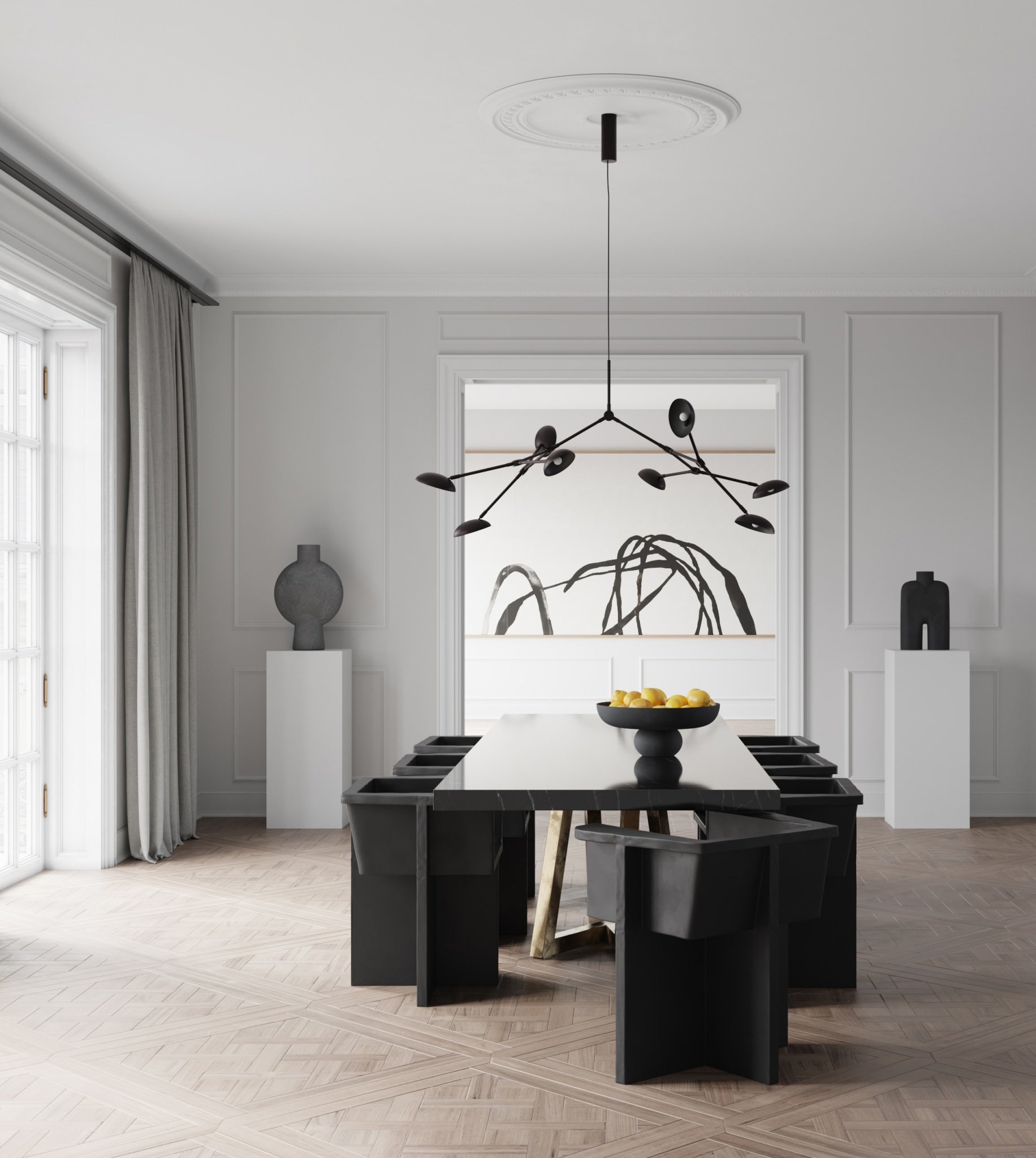 Dining room with Brutus Dining Chair - Coffee and Drop Chandelier