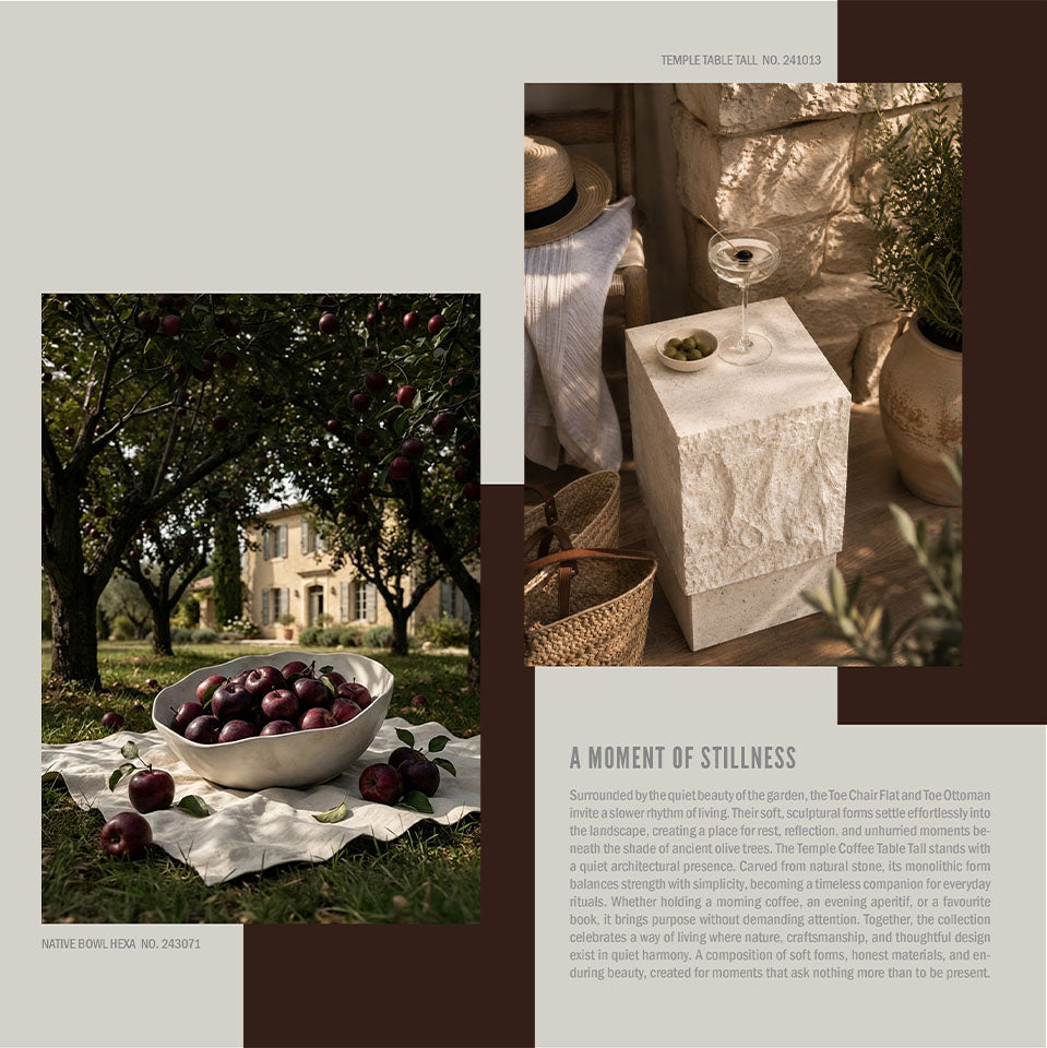 A styled interior design spread featuring a garden scene with a Big Native bowl filled with apple and a close-up of a carved Temple coffee table with a glass of white wine and a small bowl of olives . Text on the page reads 'A Moment of Stillness' and includes architectural and lifestyle descriptions.