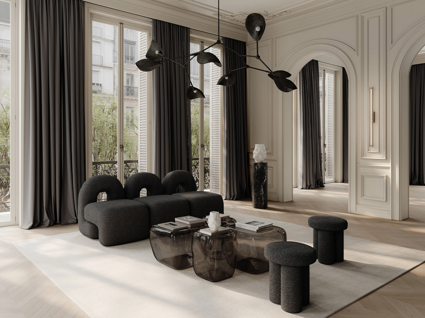 101 Copenhagen Stingray Chandelier Daiku Lounge chairs, Ishi Glass Tables, ig foot stools and Katachi vase and Frame wall lamp