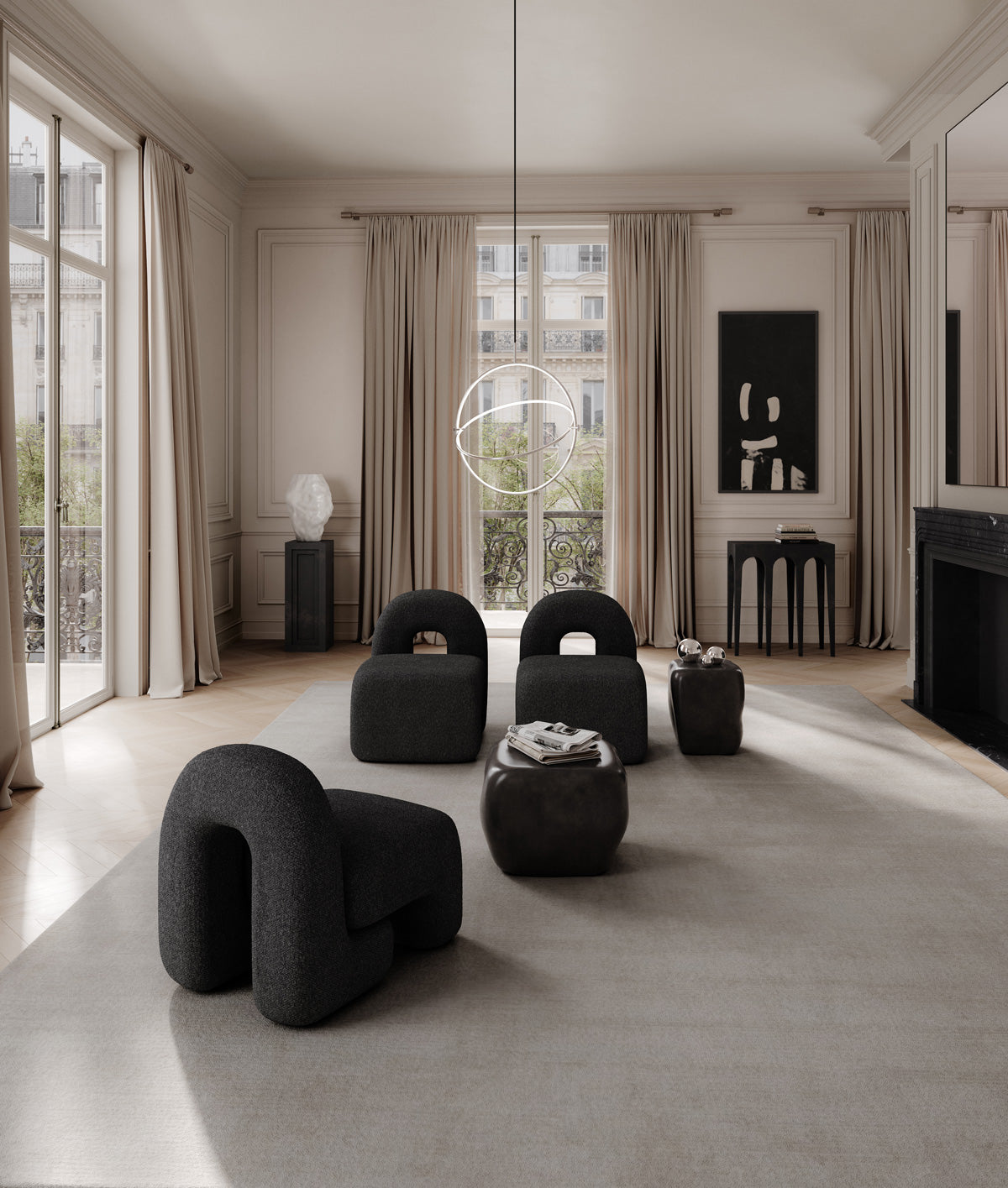 101 Copenhagen Daiku Lounge Chair Maru  pendant, Ishi coffee tables, Bow console, Katachi Vase