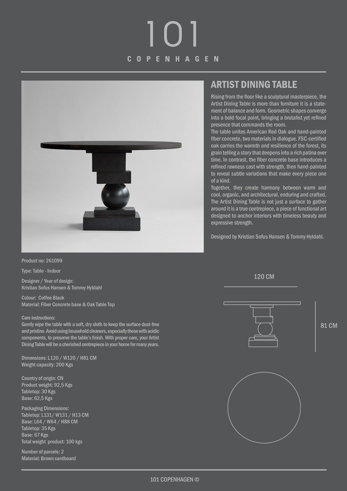 101 Copenhagen - Artist Dining Table, Ø120 - H30mm - Coffee Black Oak - Dining Table