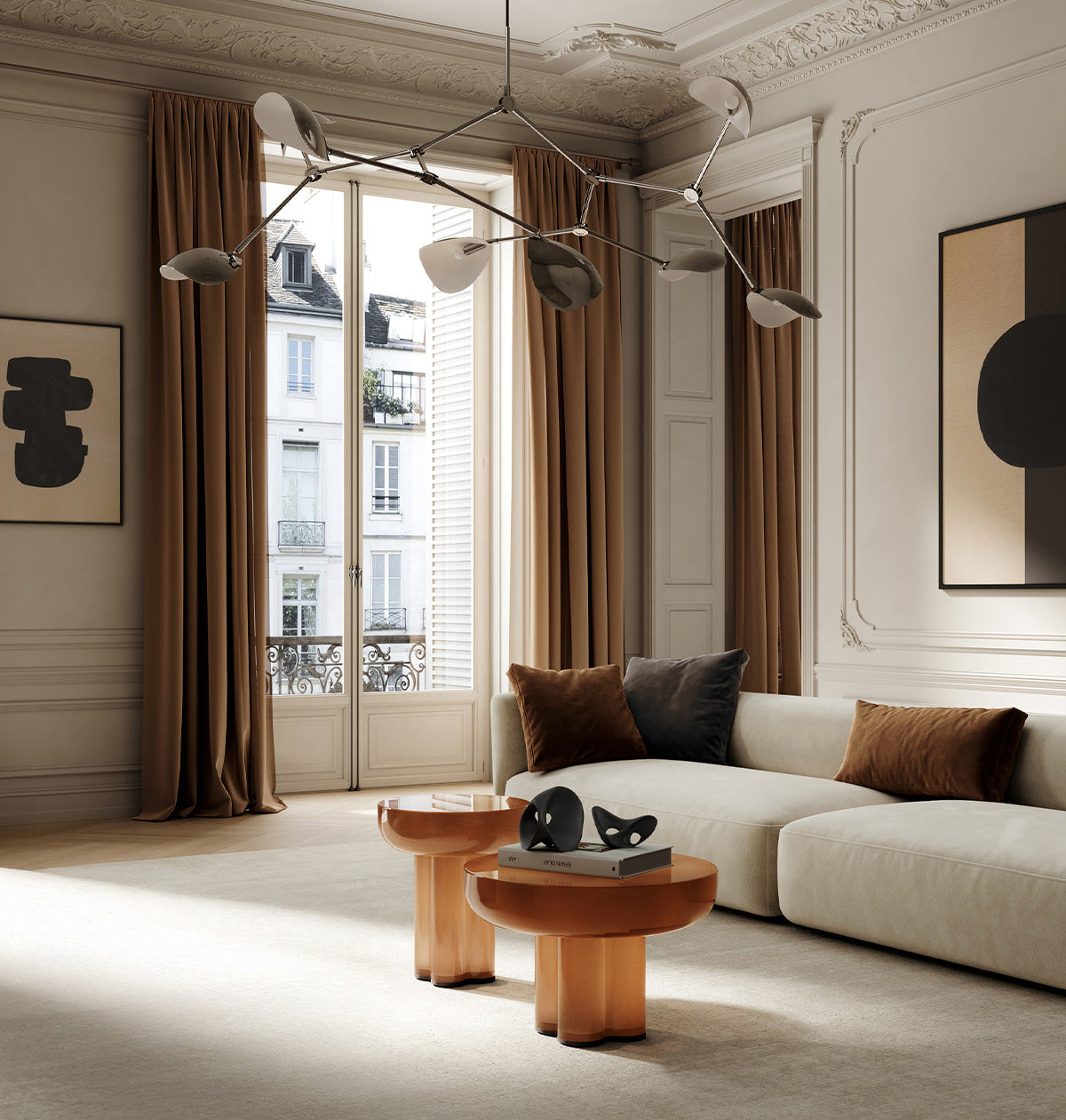 101 Copenhagen glass Crown table in Caramel. Stingray in Chrome and Ori sculptures