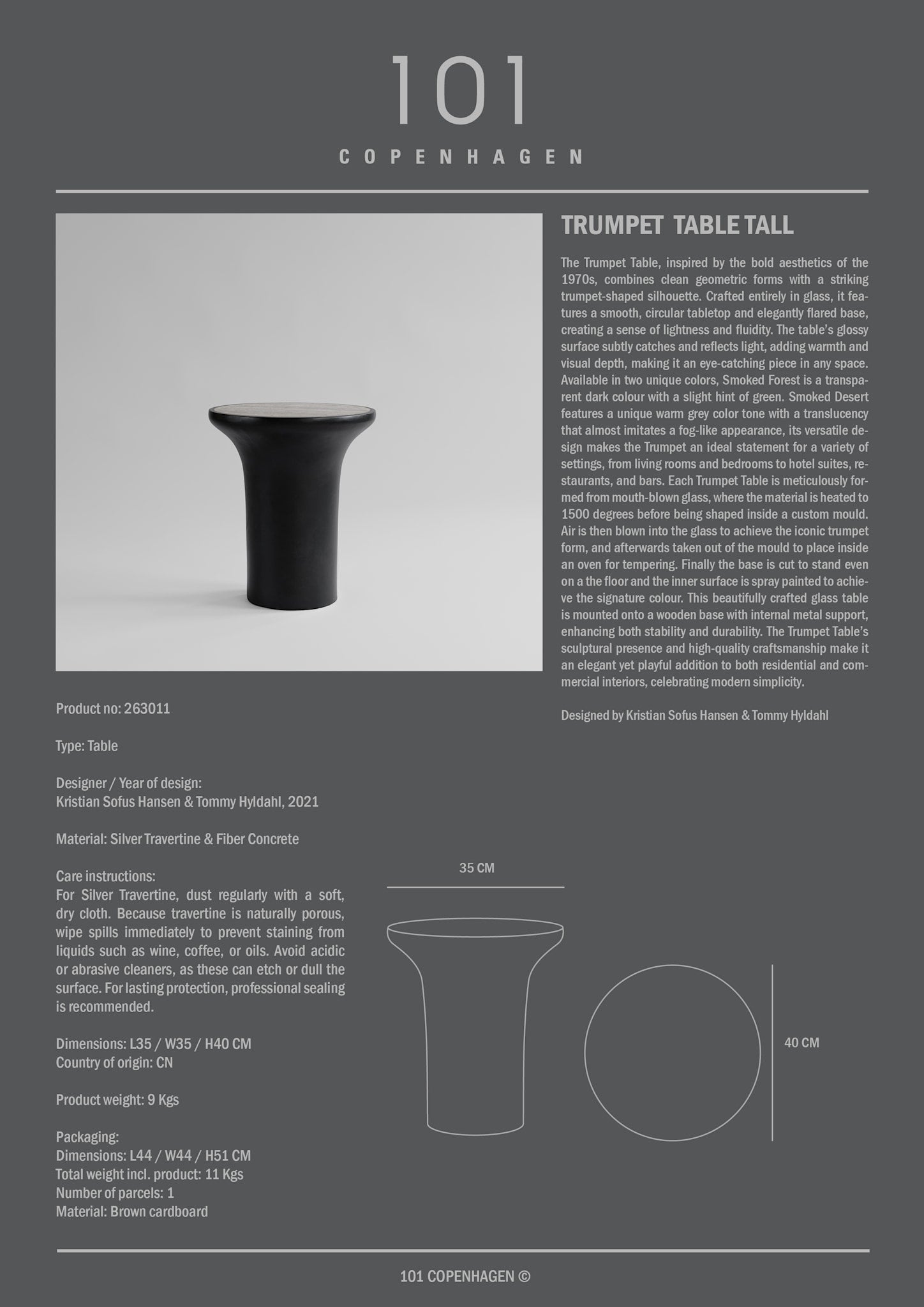 101 Copenhagen - Trumpet Table, Tall - Silver Travertine - Coffee Table