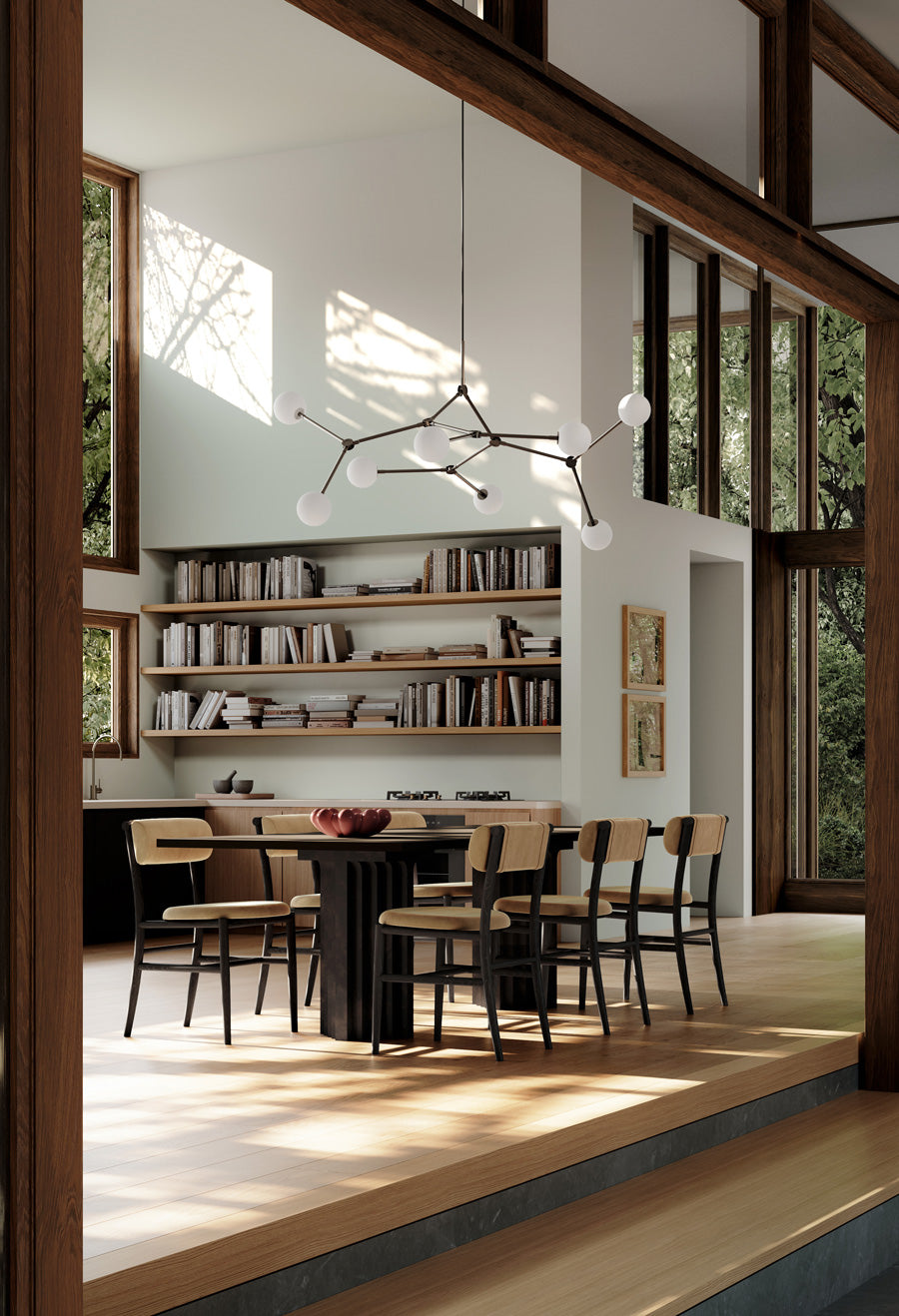 Dinning room with Arc Table, Nama dining chairs in Wool velvet, Bloom Tray and Drop Chandelier Bulp  