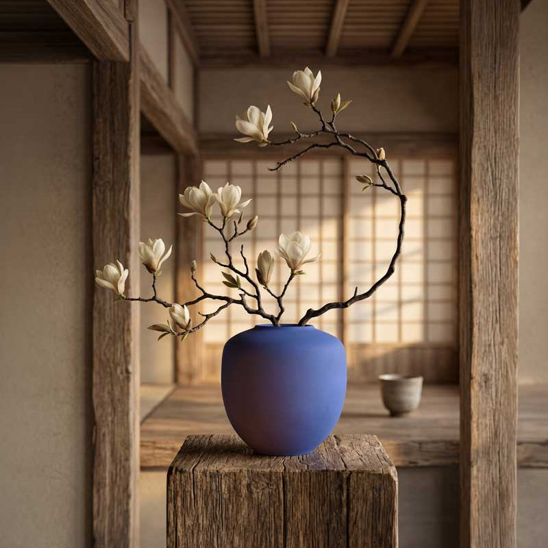 A Medio Sunao Vase in Marrakech Blue with Magnolia branches, in a bare Japanese setting