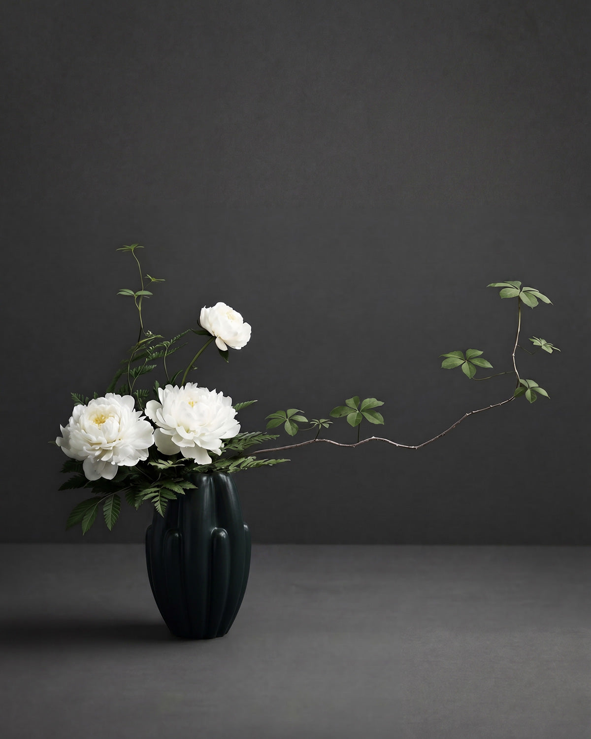 Three white peonies with green foliage arranged in a dark green glossy Bloom vase slim ceramic vase against a dark gray studio background.