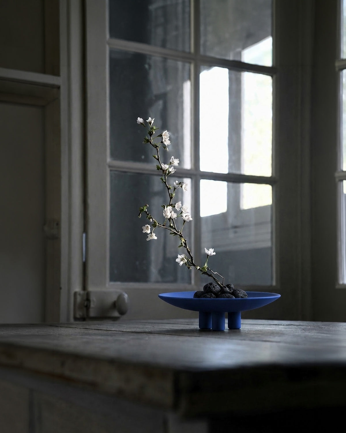 A Marrakech blue ceramic Duck plate with a single flowering branch, set on a rustic wooden table in front of a softly lit window.