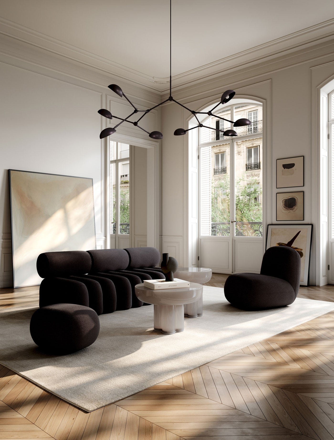 Modern living room with dark Brown furniture Droop Chandelier and glass crown tables and large windows