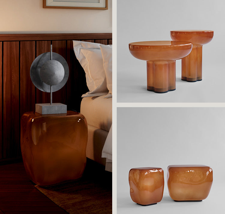 101 Copenhagen collage of Ishi glass table in caramel by a bed and Crown tables