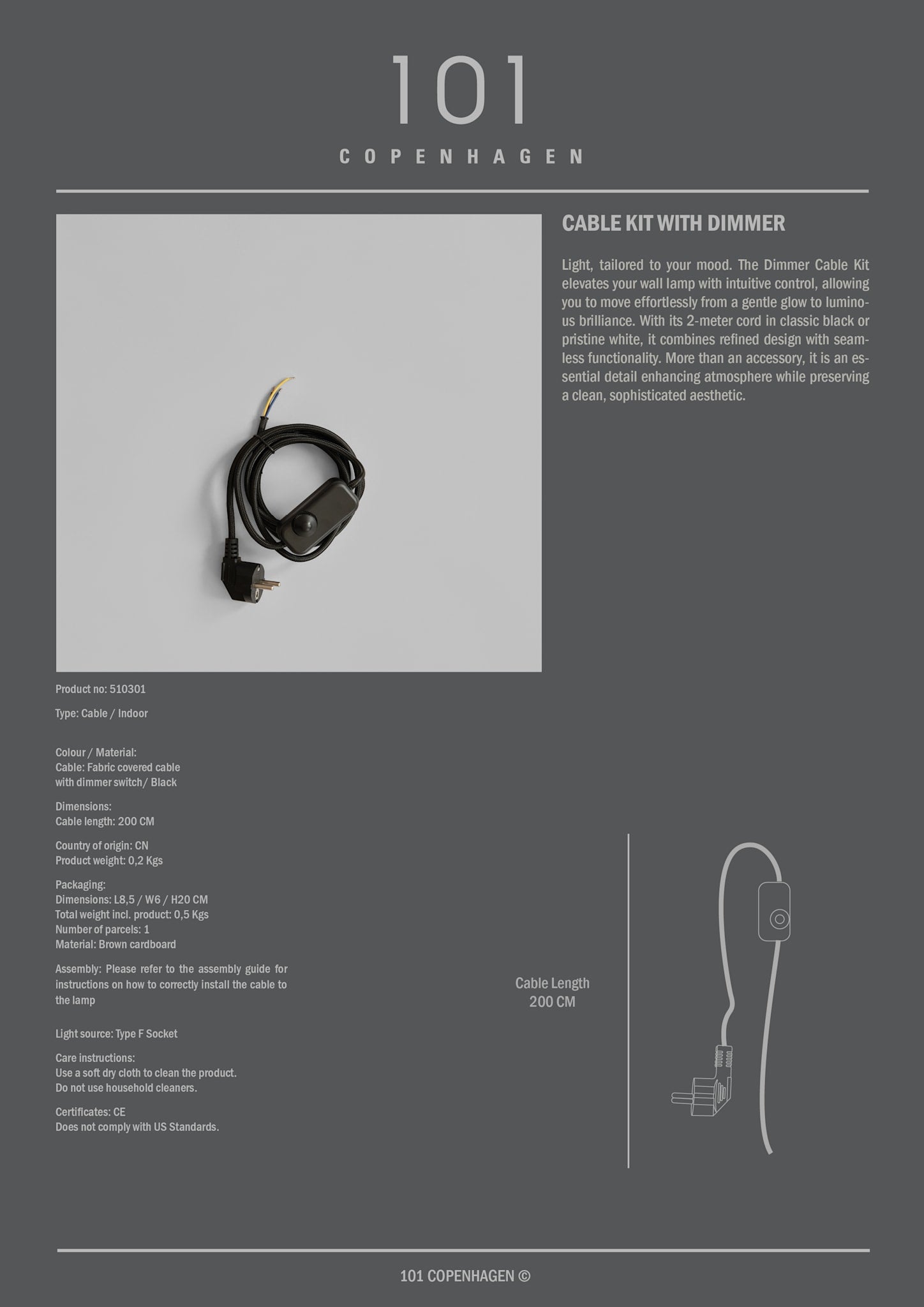 101 Copenhagen - Cable Kit - Black Cord with Dimmer (2m) - 