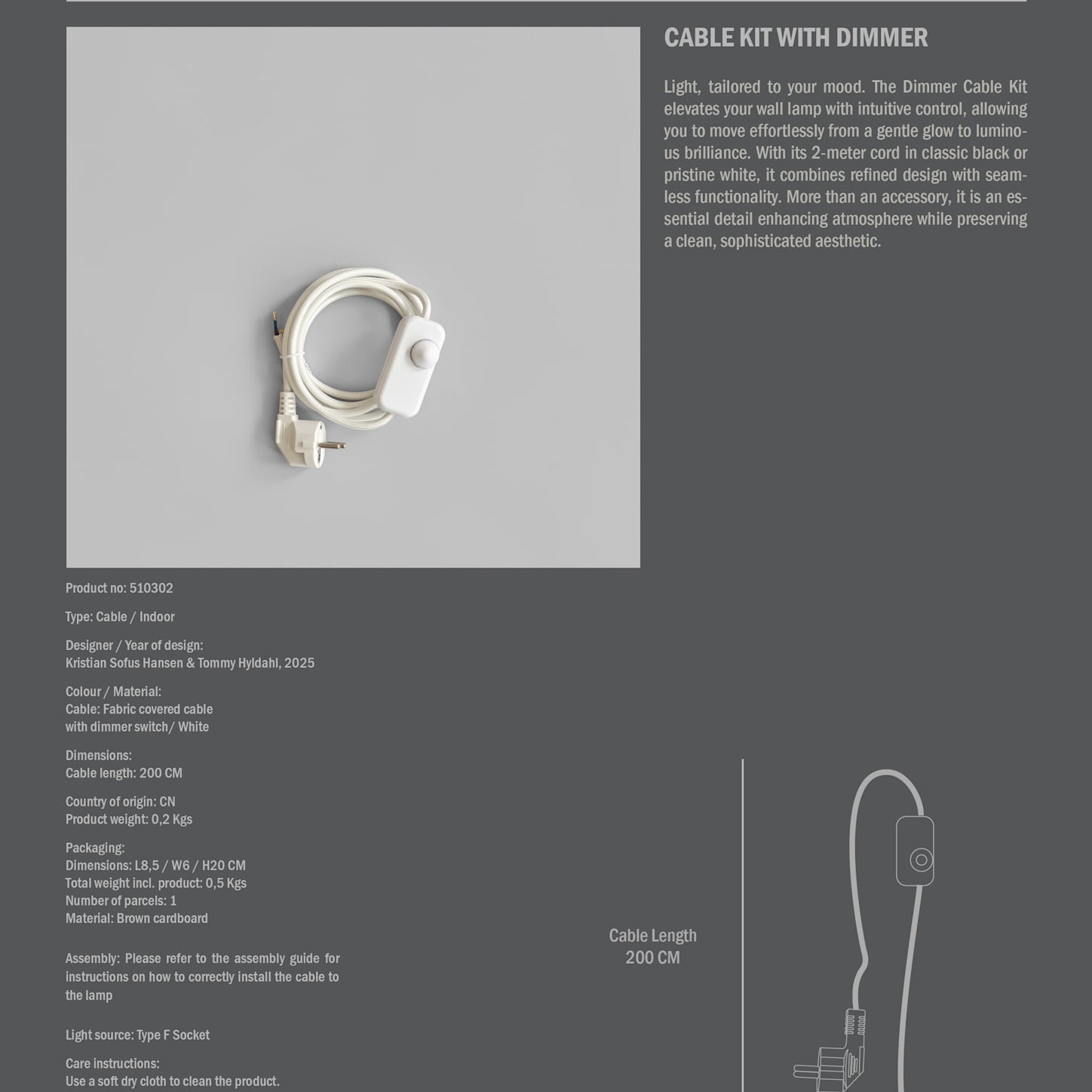 101 Copenhagen - Cable Kit - White Cord with Dimmer (2m) - 