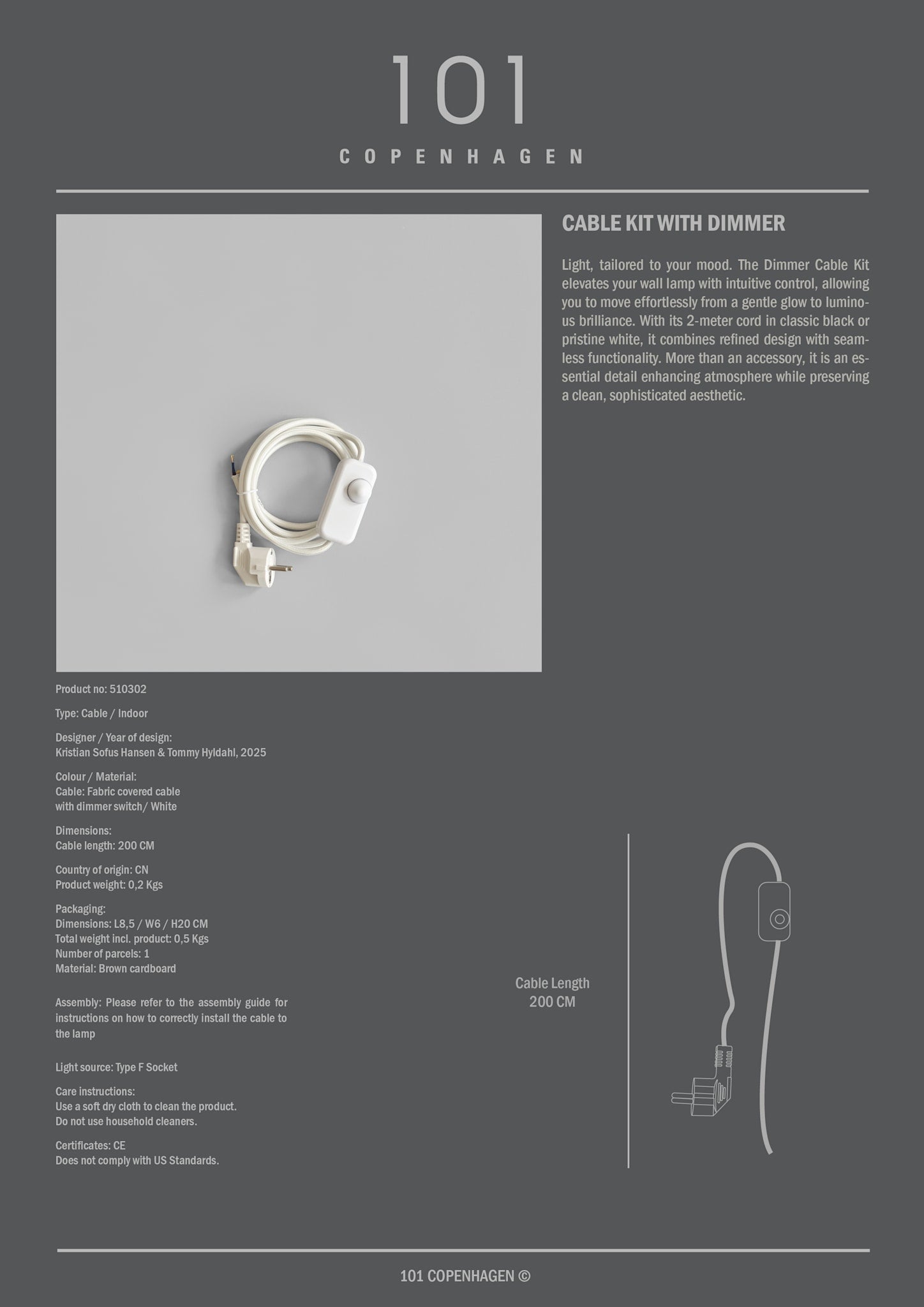 101 Copenhagen - Cable Kit - White Cord with Dimmer (2m) - 