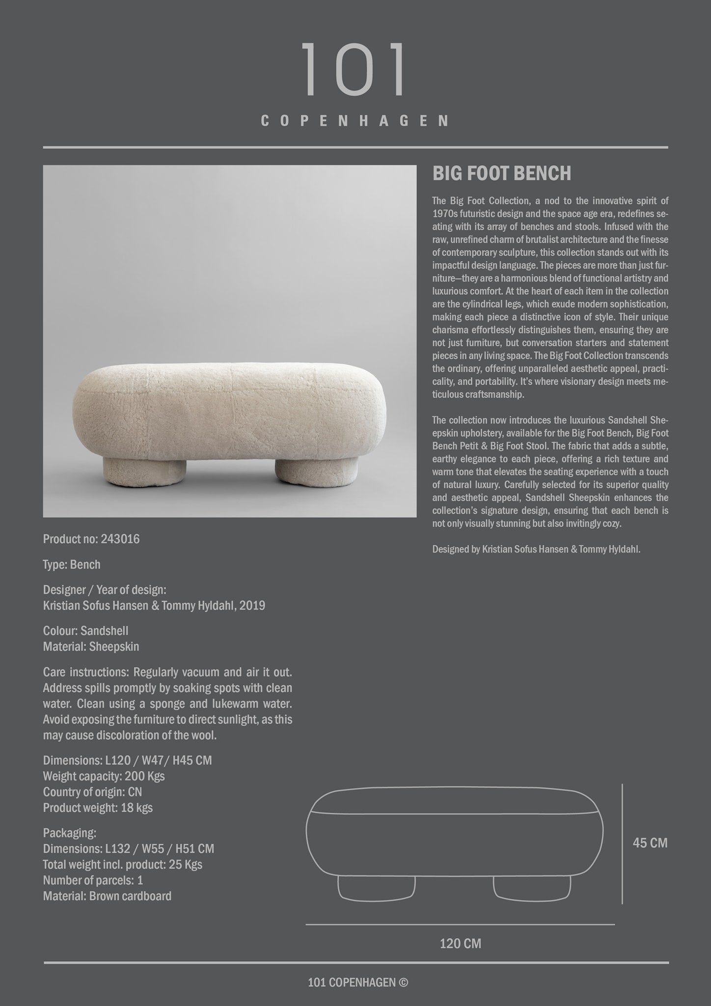 101 Copenhagen - Big Foot Bench - Sandshell (Sheepskin) - Bench