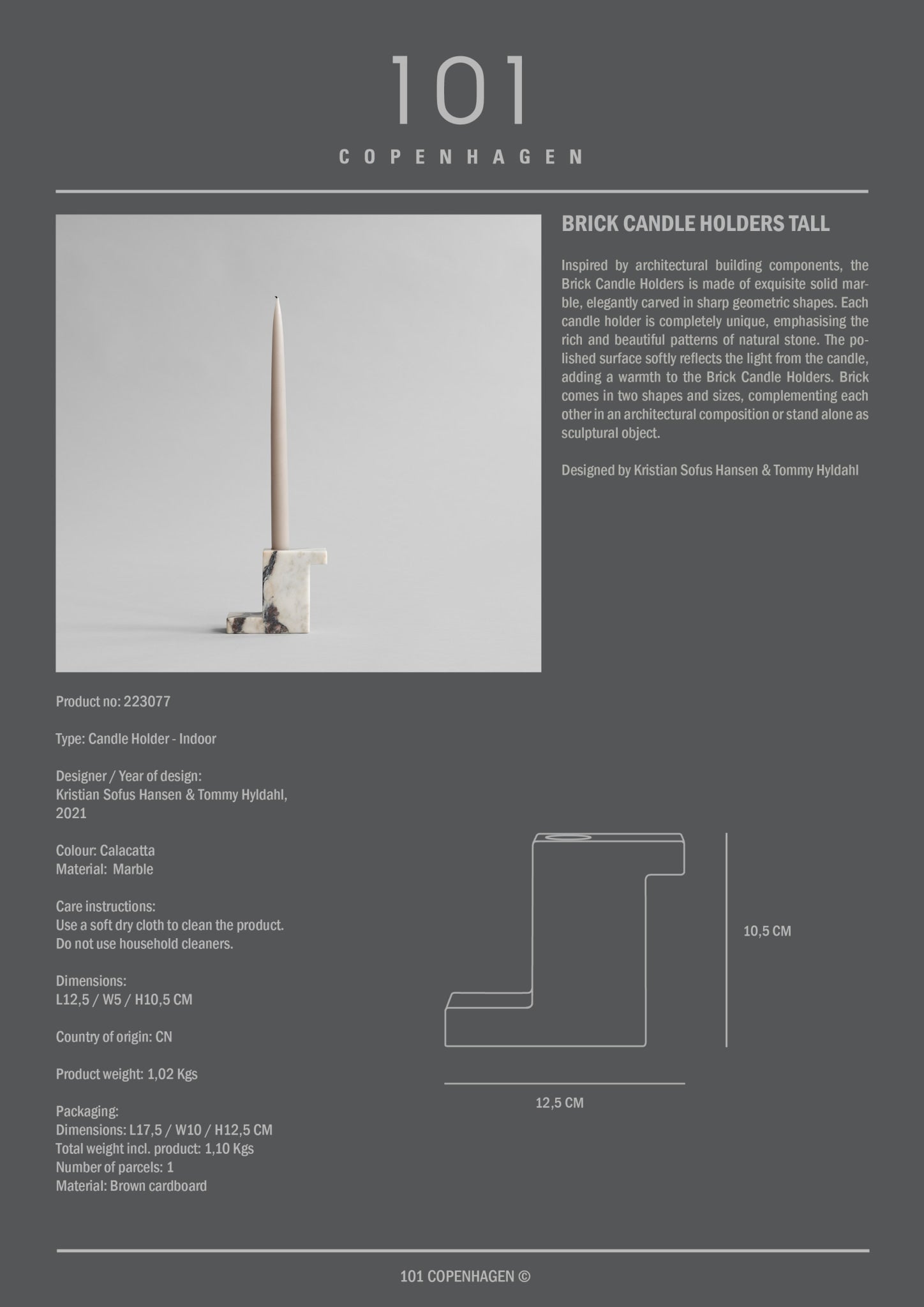 101 Copenhagen - Brick Candle Holder, Tall - Calacatta - Candle Holders