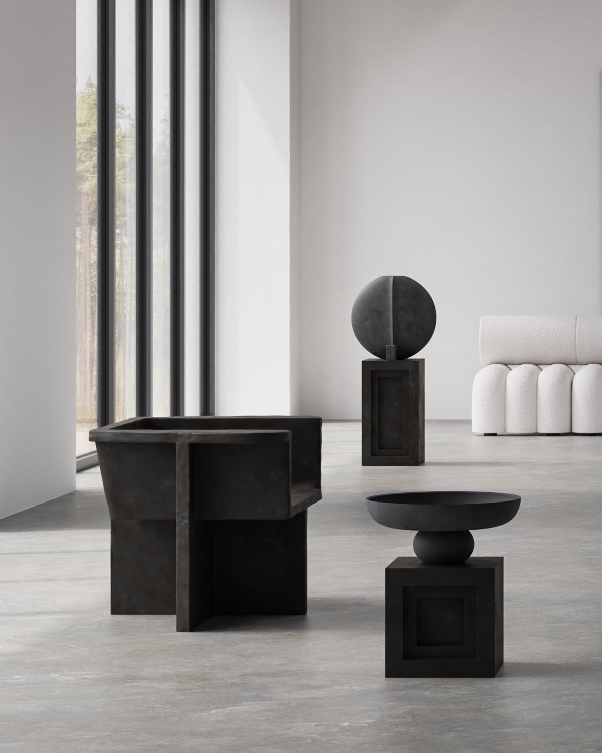 Brutus Lounge Chairs - Coffee Guggenheim Vase and Baburu Bowl