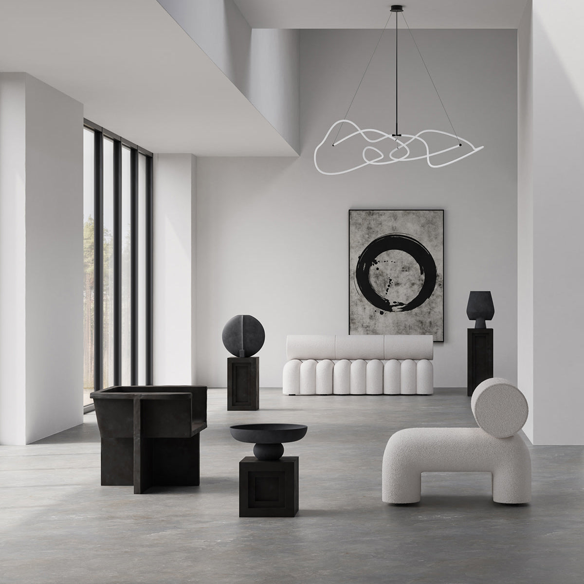 Brutus Lounge Chairs - Coffee -with Ghost chandelier, Foku Lounge chair, Baburu bowl