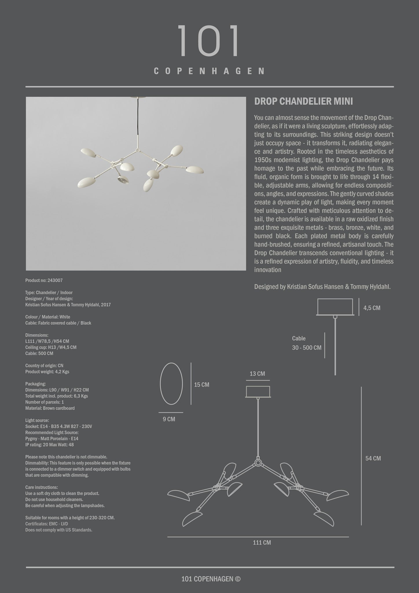 101 Copenhagen - Drop Chandelier, Mini - White (5m) - Chandelier