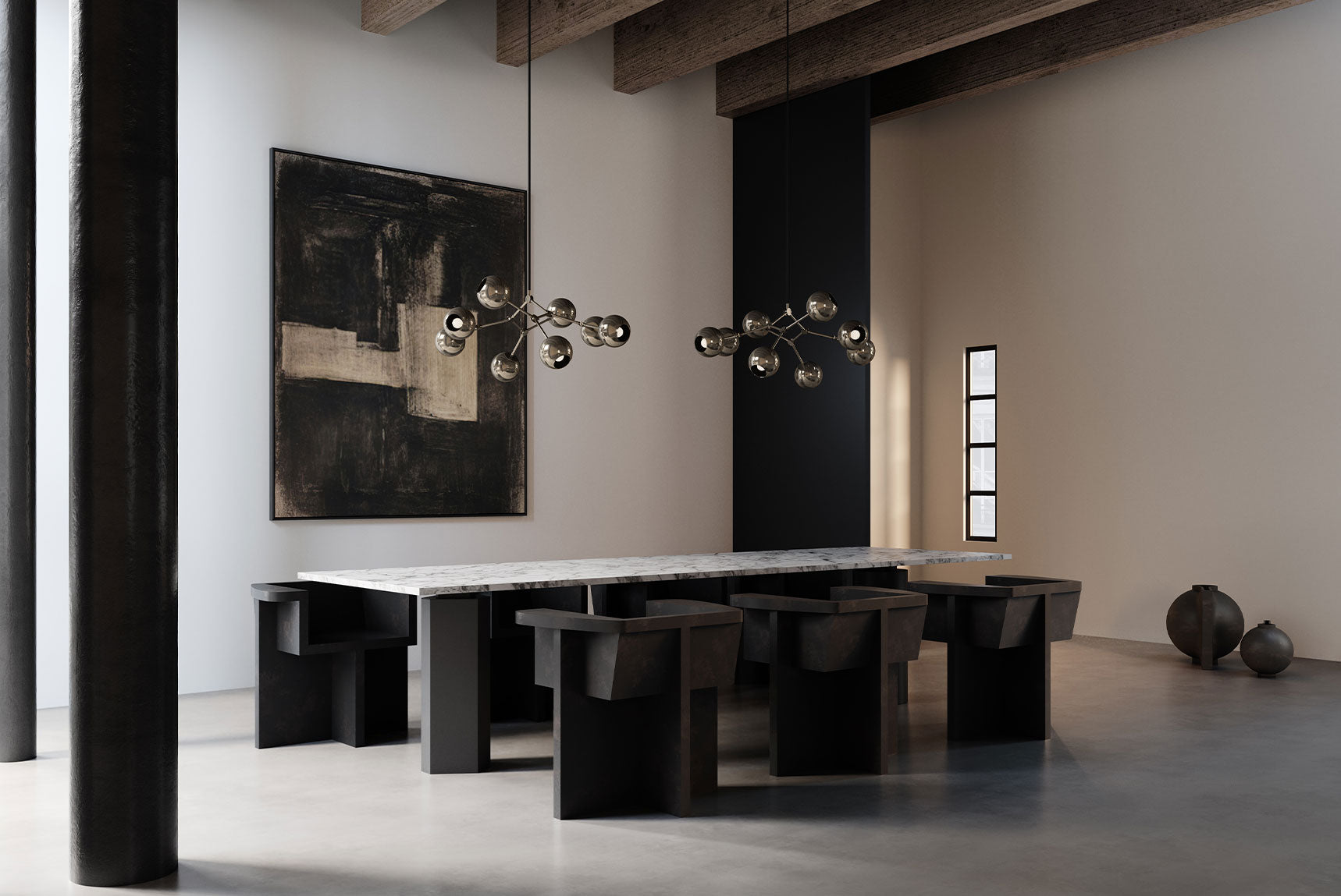 Modern interior with Brutus chairs and Drop chandelier globes and abstract art on a white wall.