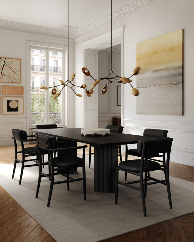 101 Copenhagen dining room with Nama Dining Chairs  Drop chandelier, Arc dining table and a Iwa tray