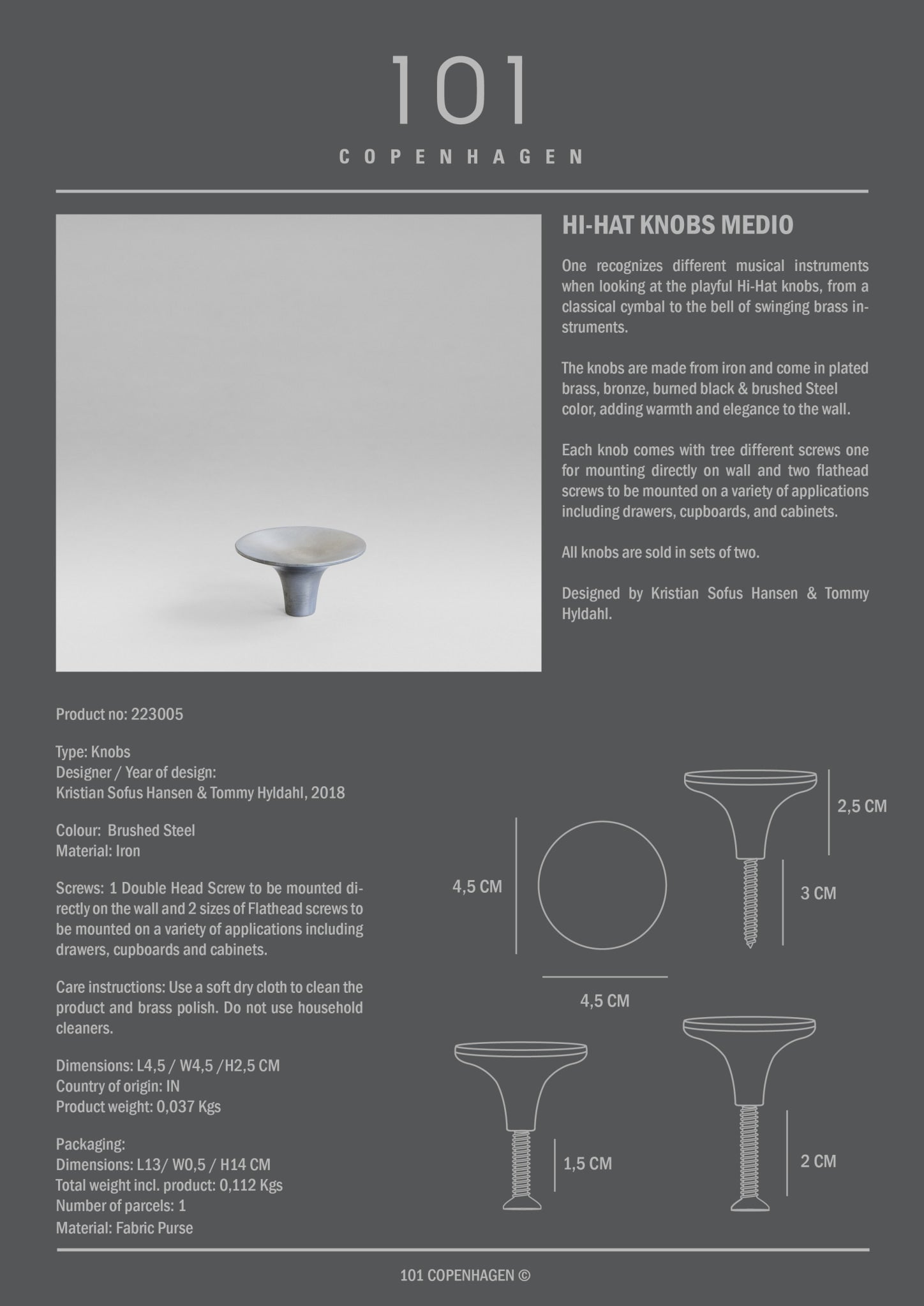 101 Copenhagen - HiHat Knobs, Medio - Brushed Steel - Knobs