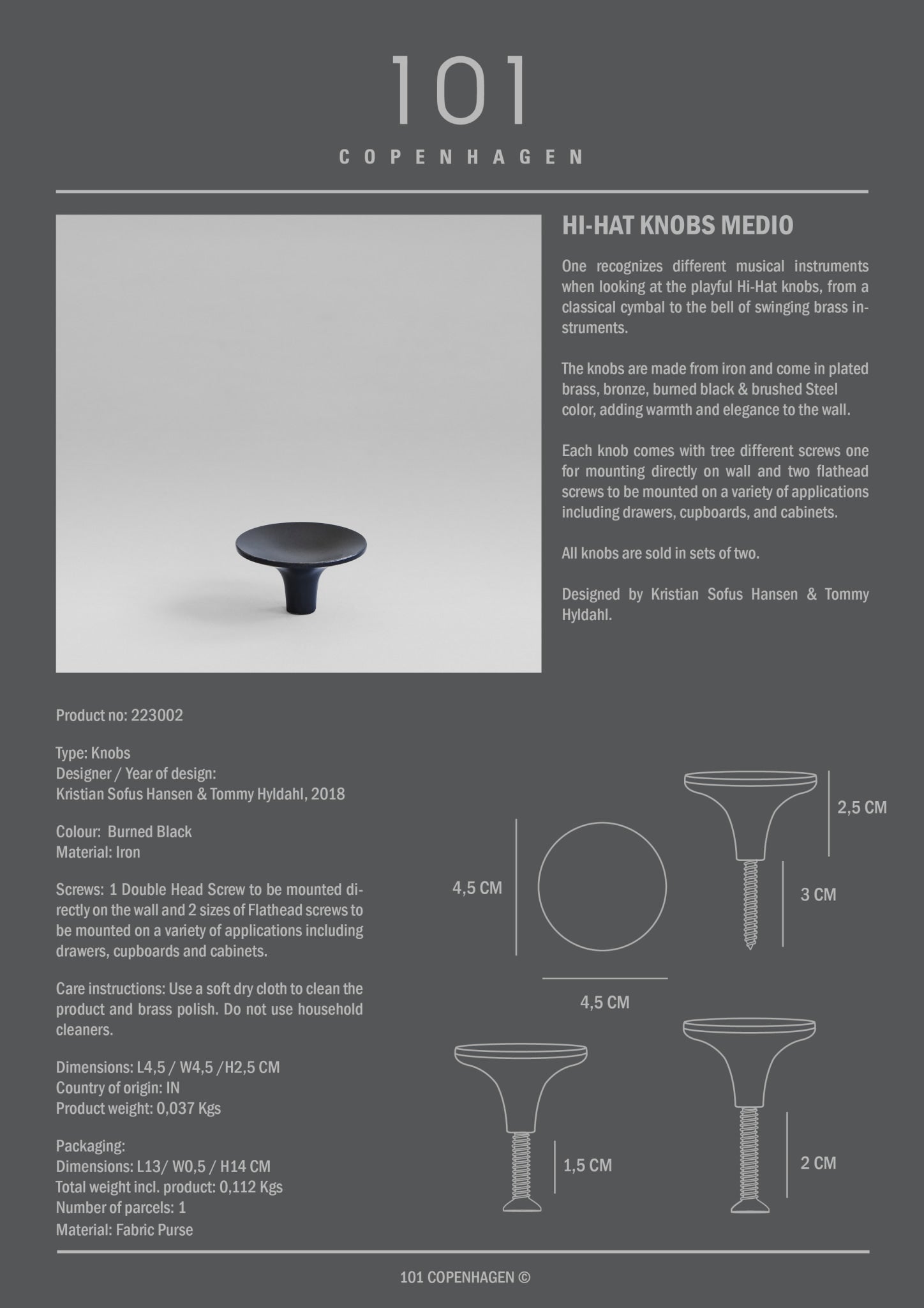 101 Copenhagen - HiHat Knobs, Medio - Burned Black - Knobs