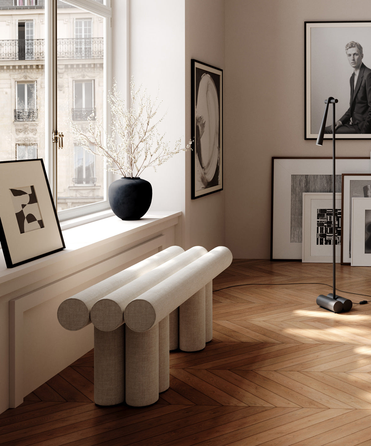 Hiro bench linen, Sunao vase and Snake Floor lamp