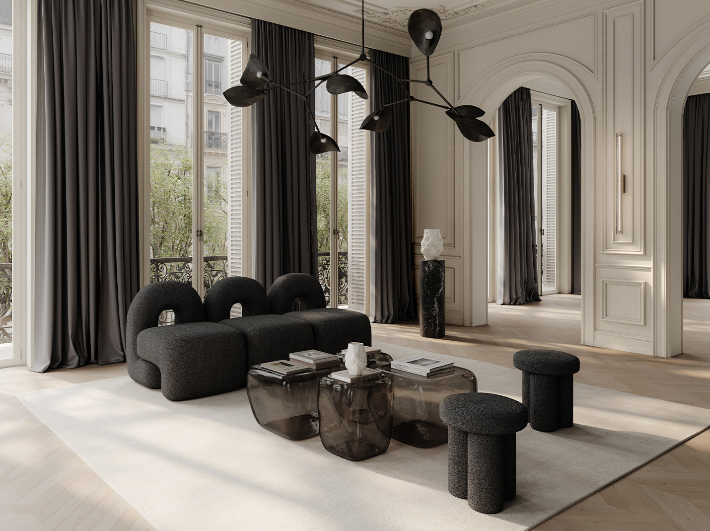 101 Copenhagen styled living room with glass ishi coffee tables in smoked forest