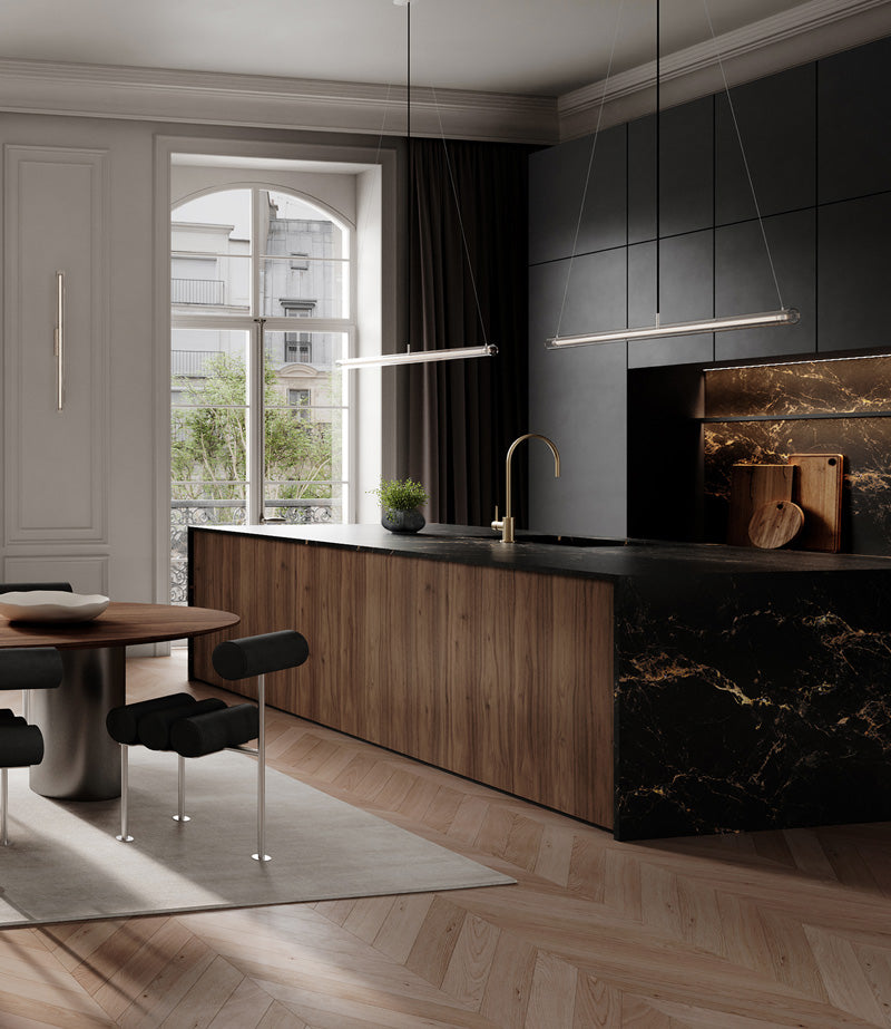 Kitchen with Drop globe Chandeliers, Frame pendants and wall lamps, Hiro dining chairs, Arket plant pot and Native Bowl