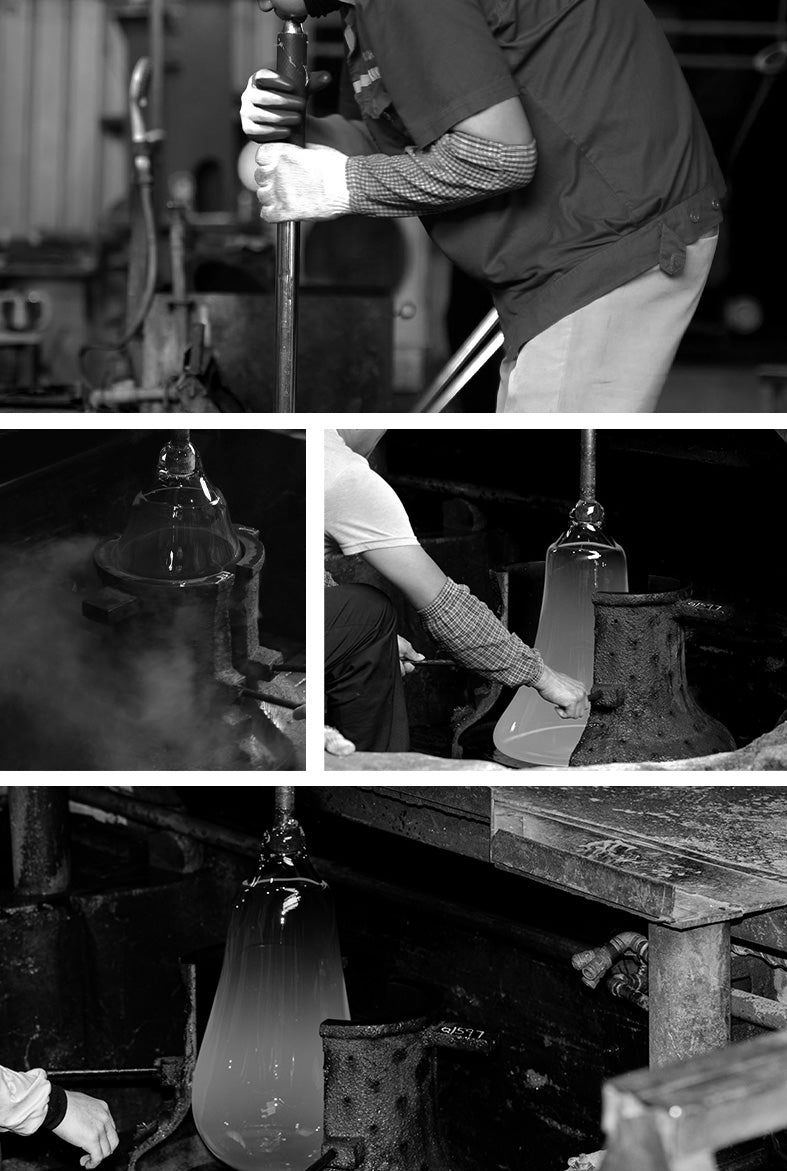 Placing the glass in the mold and blowing air into the glass to fill the mold and get the shape from the mold.