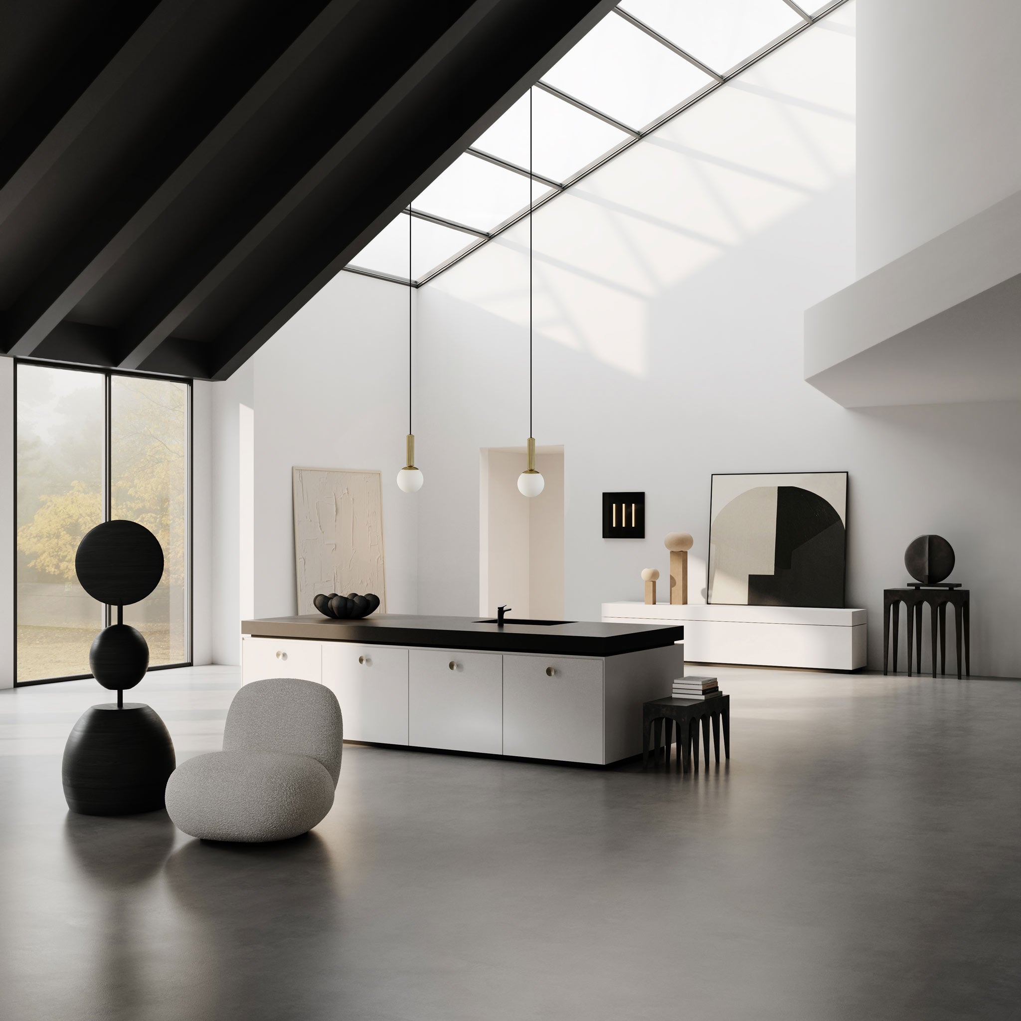 Kitchen with 101 Copenhagen Flat Toe Chair, Big black Bloom Tray, Pendant no. 2 Troi Wall Lamps, Empire vases, Gugenheim Vase on Bow consol and Bow bench