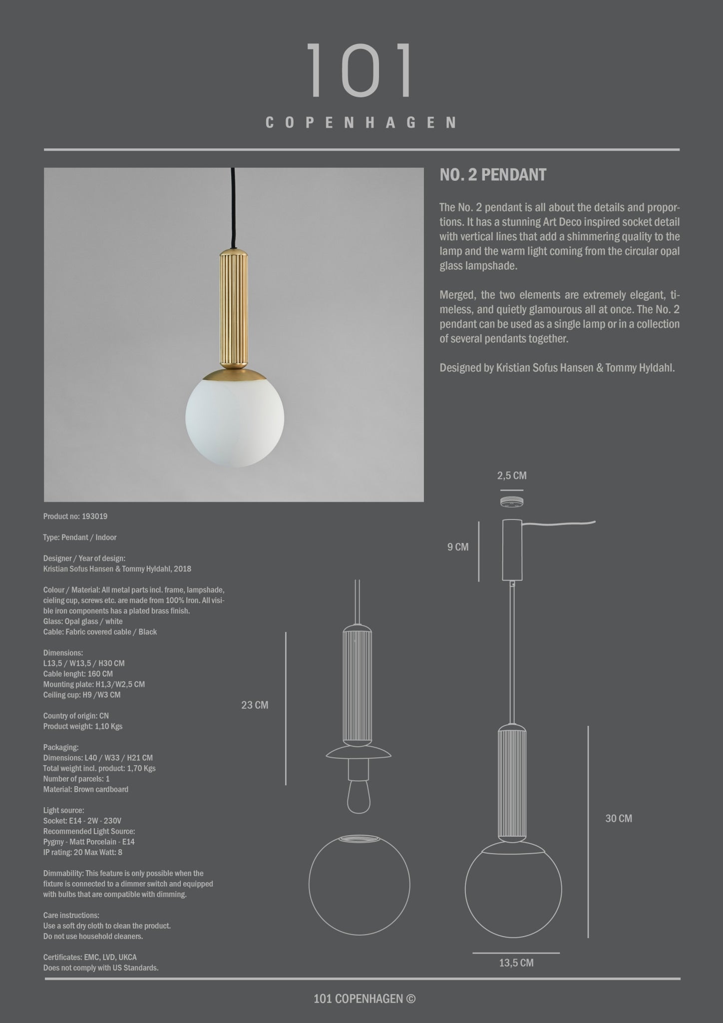 101 Copenhagen - No. 2 Pendant Lamp - Brass (5m) - Pendant
