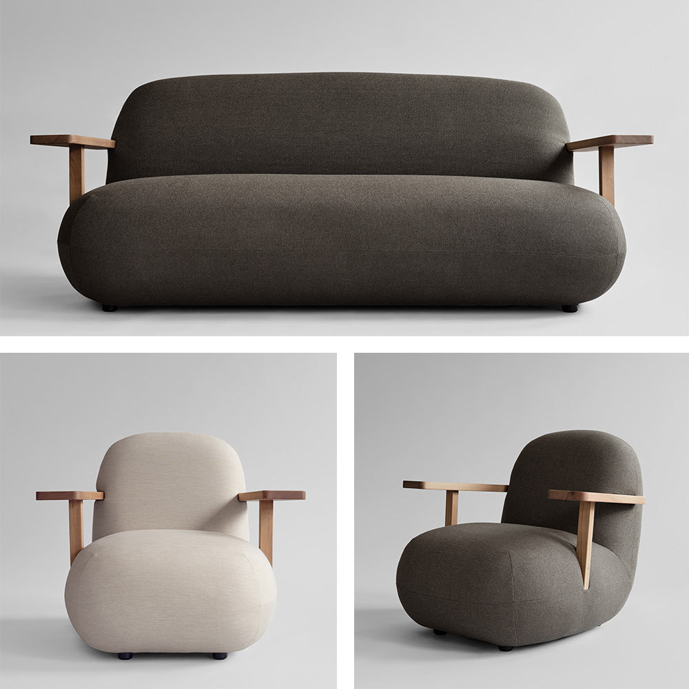 Collage of a Toe sofa and two Toe armchairs on a light gray background