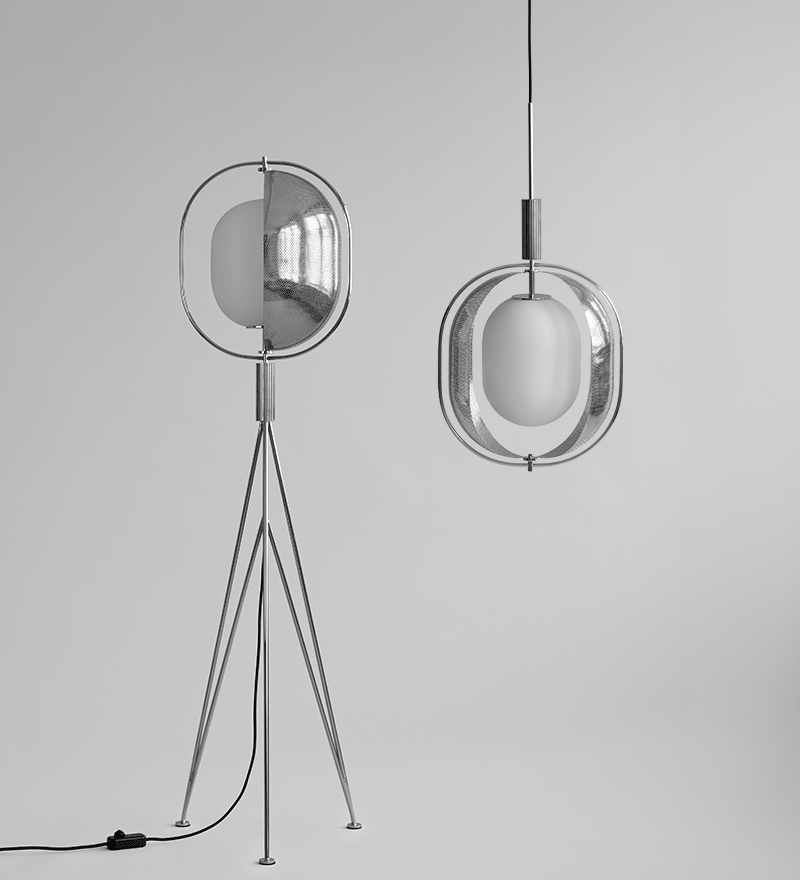 A Pearl floor lamp and Pearl pendant lamp with movable screen