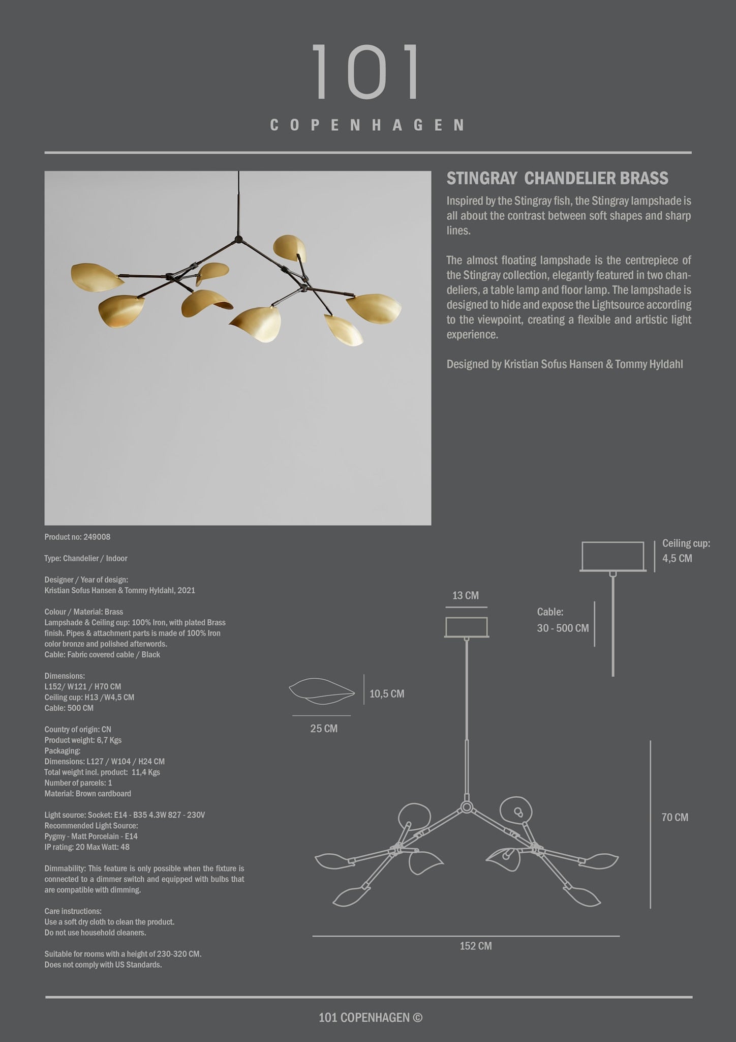 101 Copenhagen - Stingray Chandelier - Brass (5m) - Chandelier
