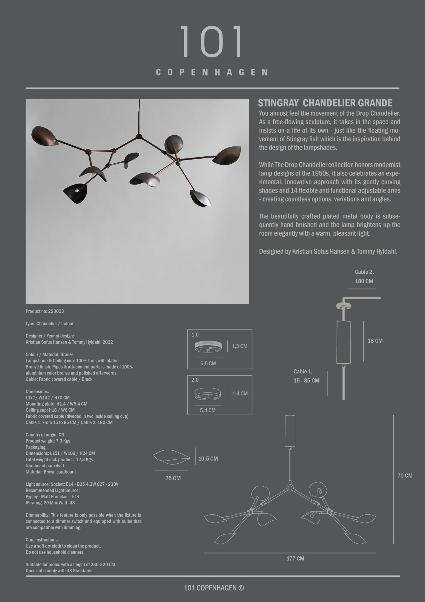 101 Copenhagen - Stingray Chandelier, Grande - Bronze - Chandelier