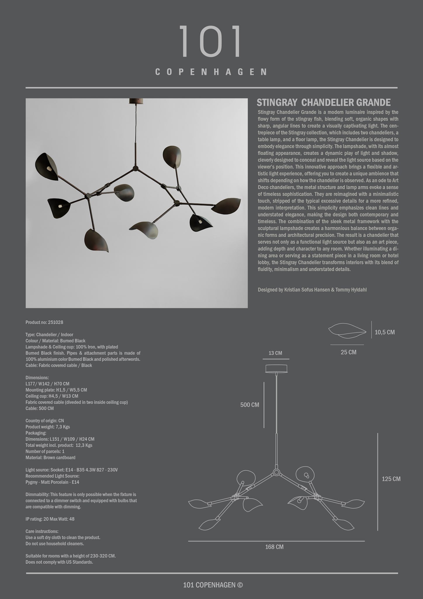 101 Copenhagen - Stingray Chandelier, Grande - Burned Black (5m) - Chandelier