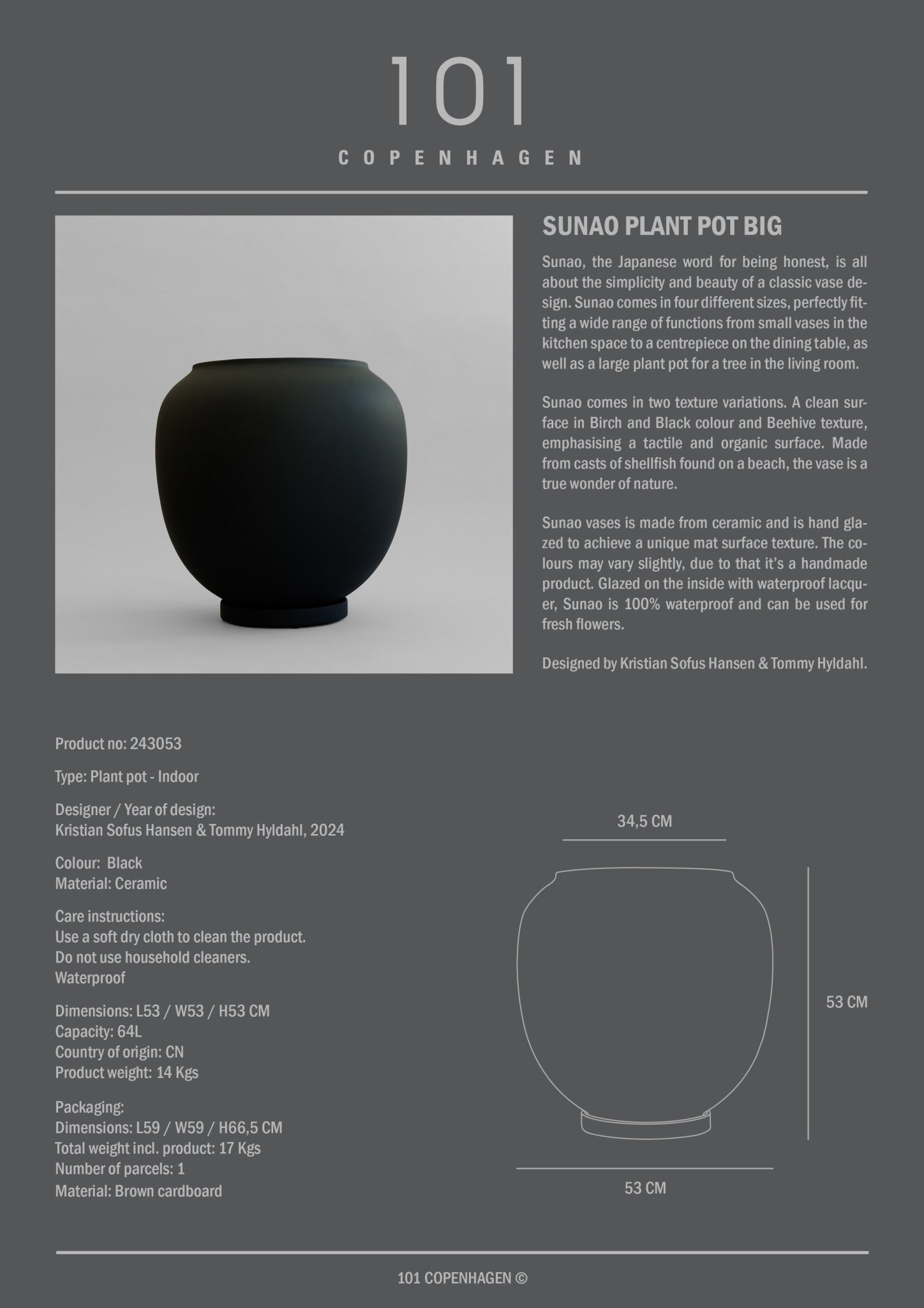 101 Copenhagen - Sunao Plant Pot, Big - Black - Plant Pot