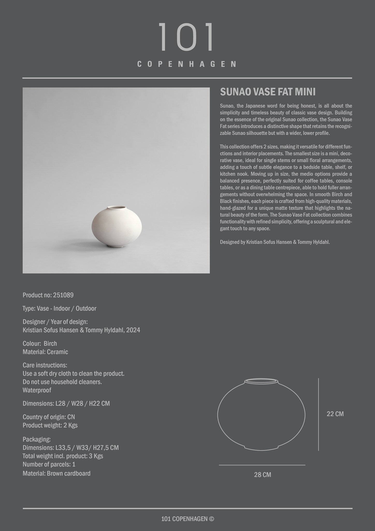 101 Copenhagen - Sunao Vase Fat, Mini - Birch - Vase