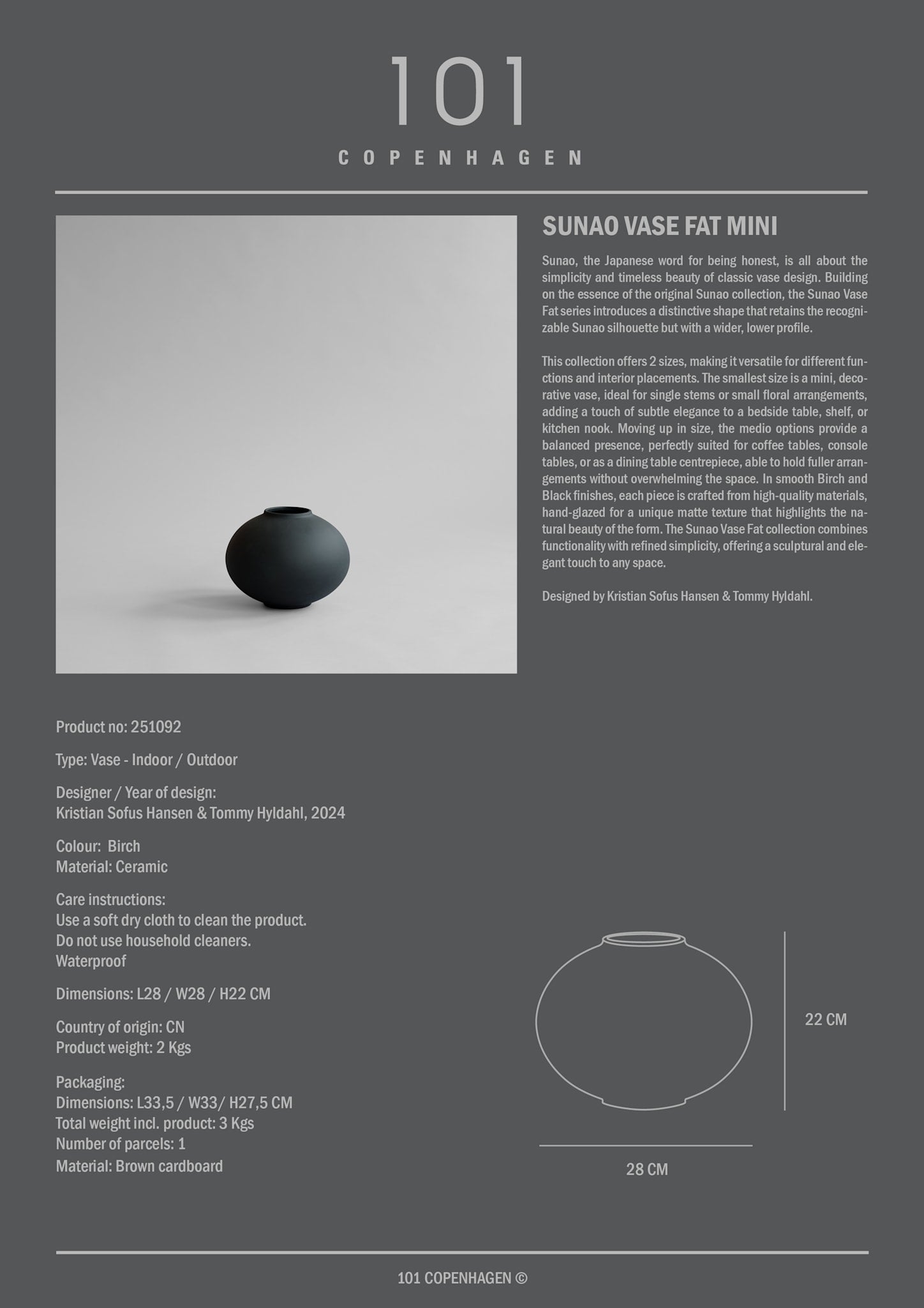 101 Copenhagen - Sunao Vase Fat, Mini - Black - Vase