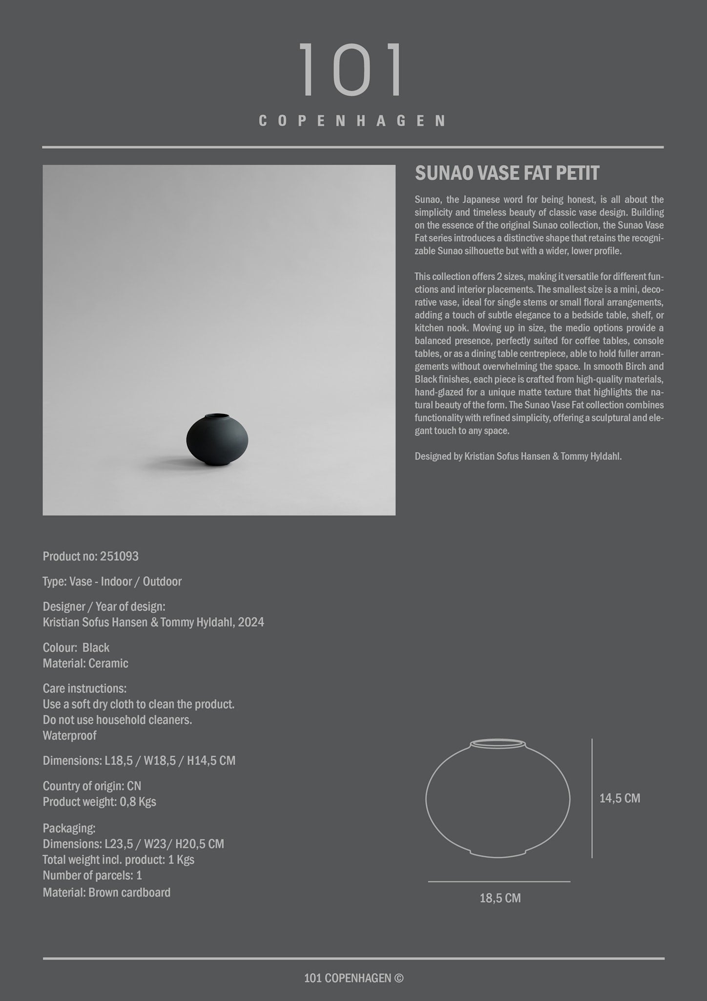 101 Copenhagen - Sunao Vase Fat, Petit - Black - Vase