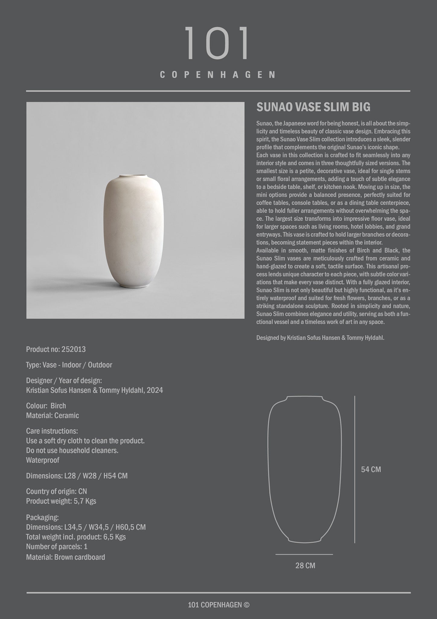 101 Copenhagen - Sunao Vase Slim, Big - Birch - Vase